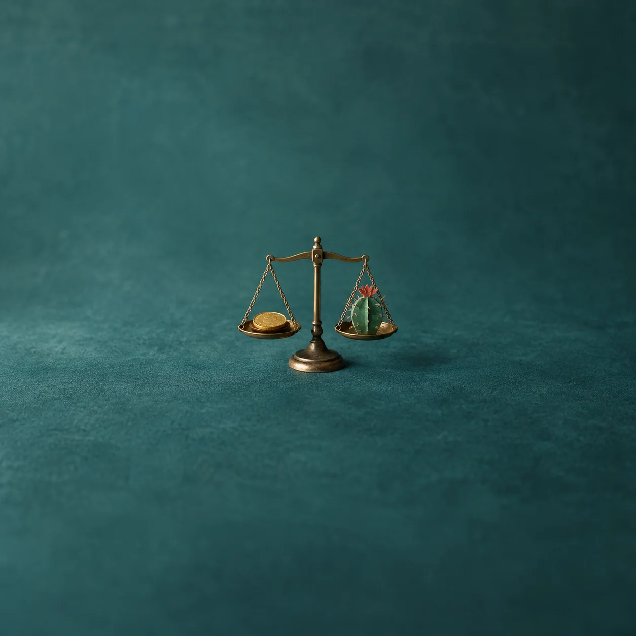 A small brass balance holds gold-coloured coins in one pan and a flowering cactus in the other, against a teal background.