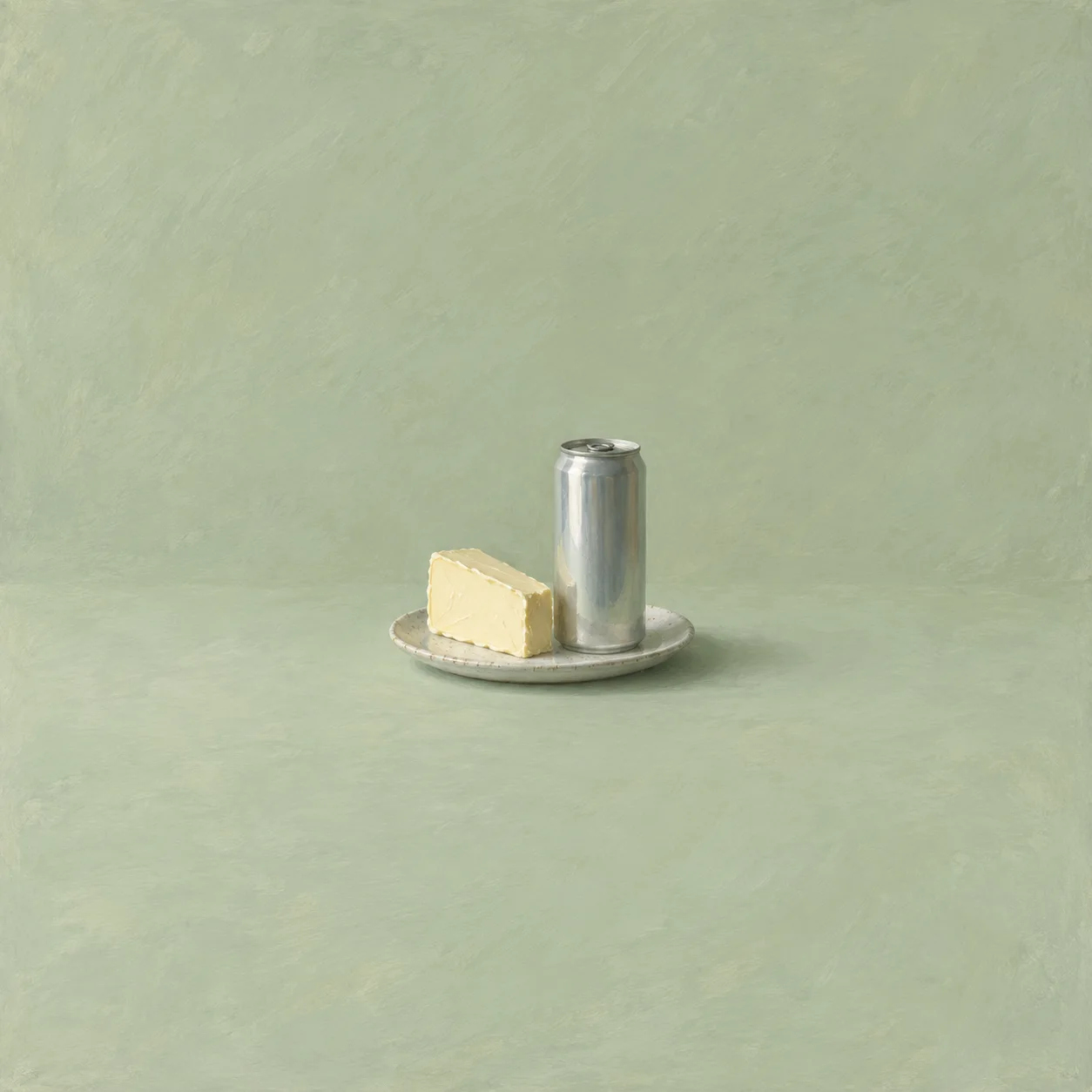 A pale yellow wedge and a plain silver drinks can stand together on a small ceramic plate against a light green background.