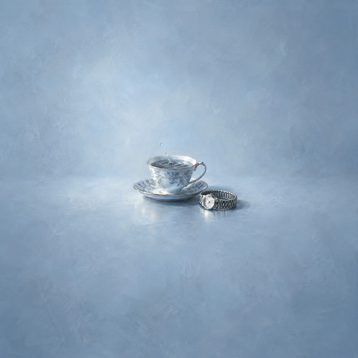 Painterly pale blue teacup and saucer beside a silver wristwatch on an icy blue surface.