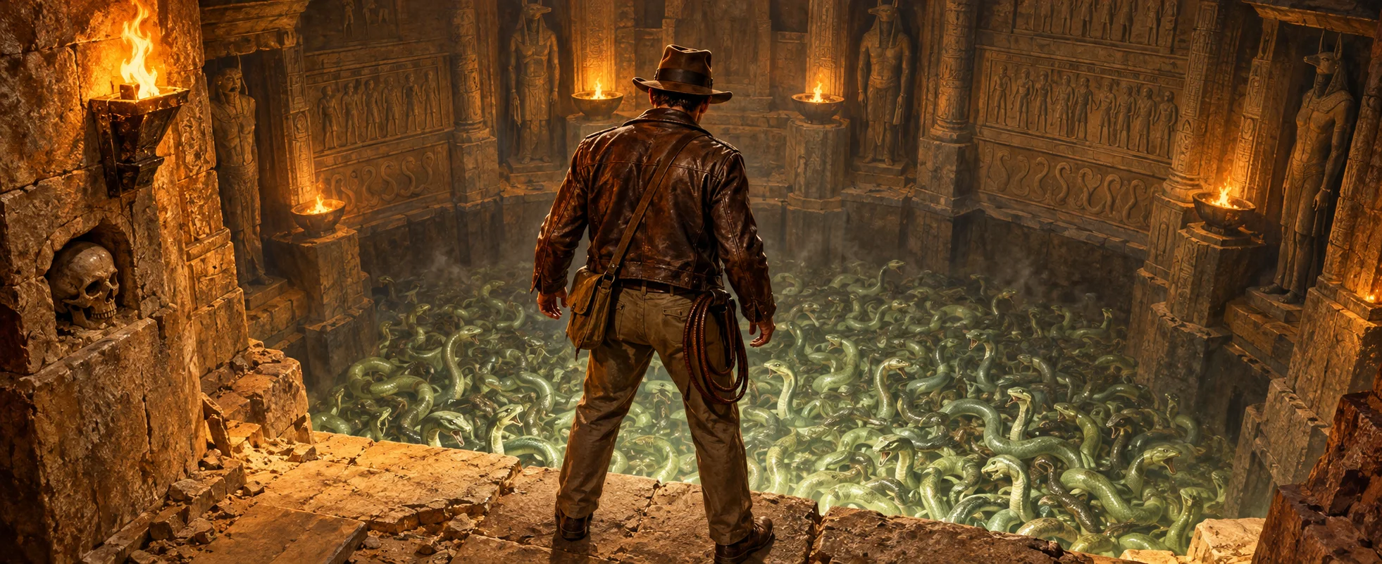 An adventurer in a fedora and leather jacket, seen from behind, stands on a stone ledge above a torchlit pit writhing with snakes.