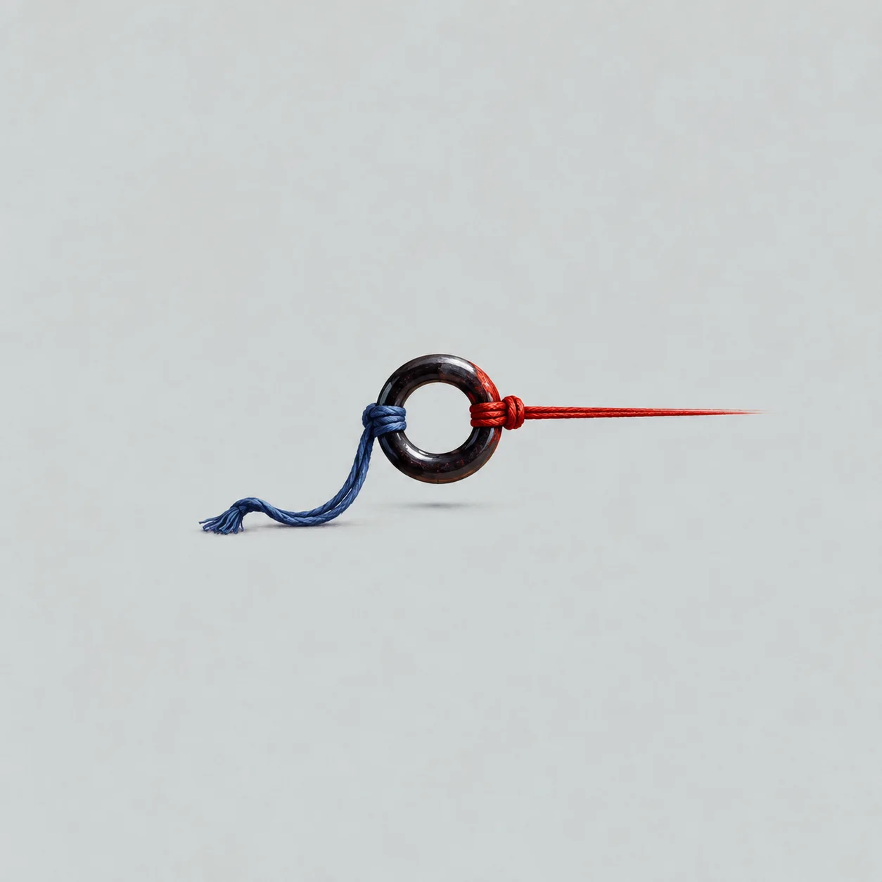 A black ring is tied to a straight red cord on the right and a loose blue cord on the left.