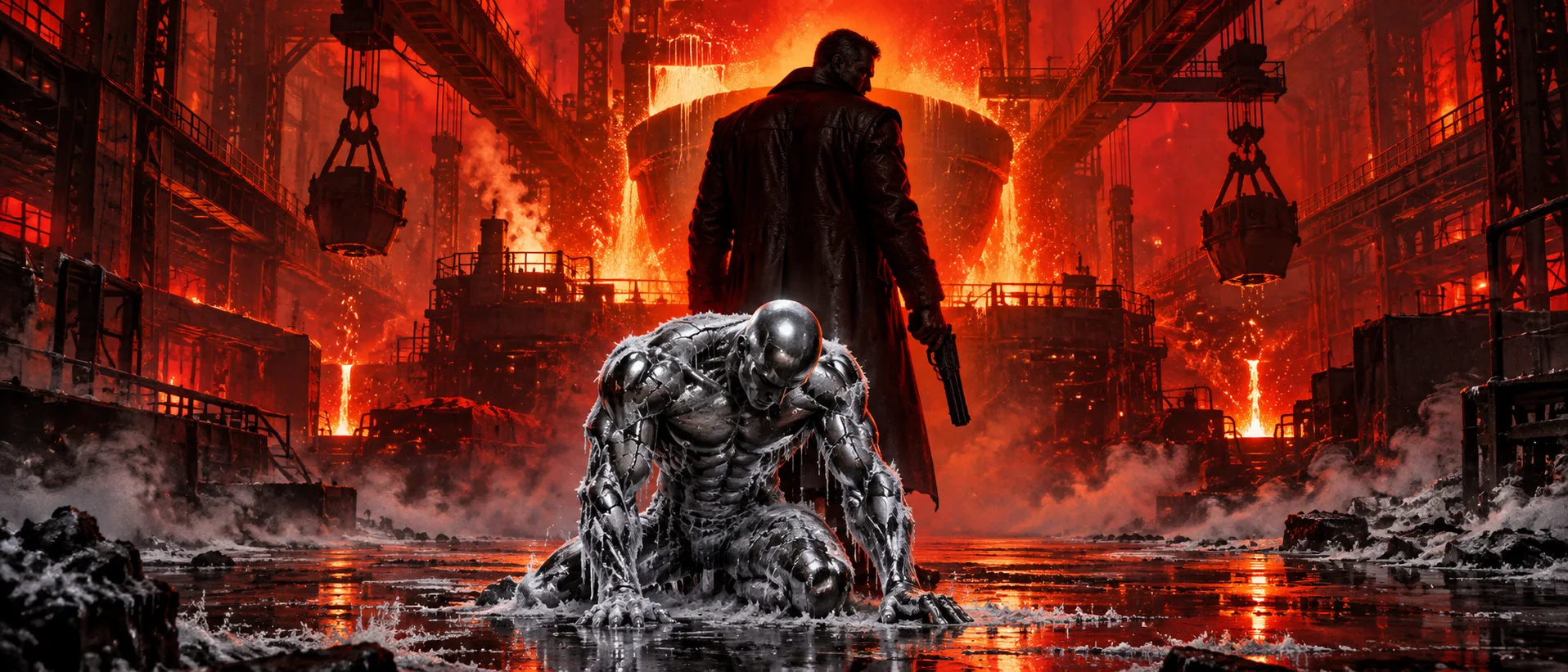 A frozen, frost-covered silver figure kneels cracking on a steel-mill floor before a figure in a black leather coat, molten metal glowing behind.