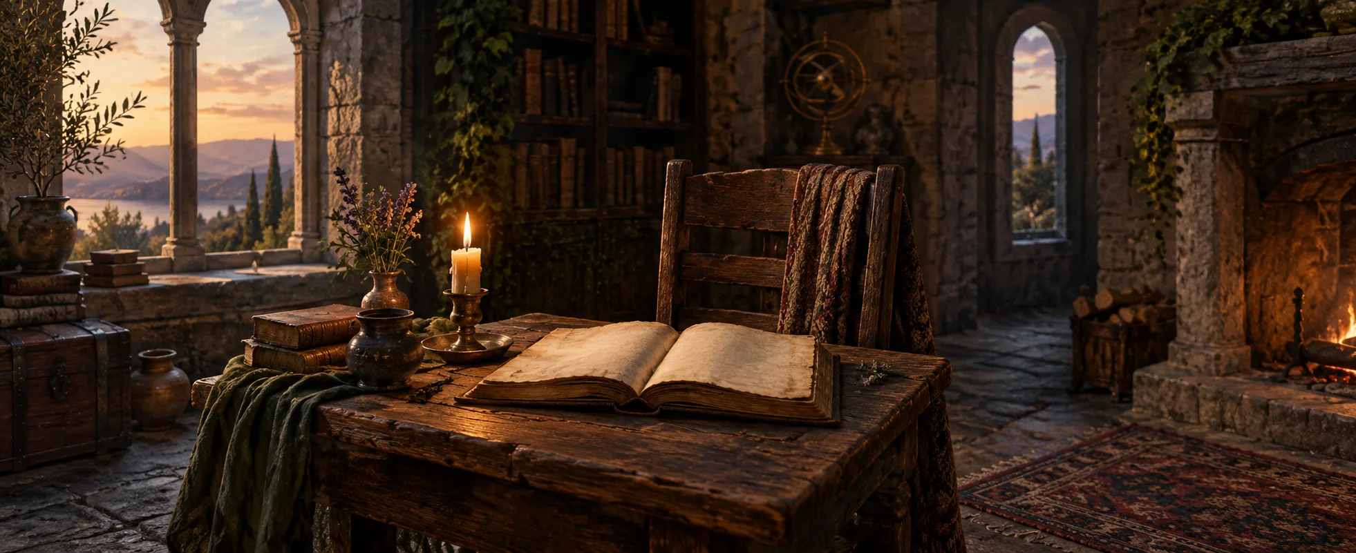 A worn wooden chair stands beside an open unmarked parchment book and a warm candle in a stone study.