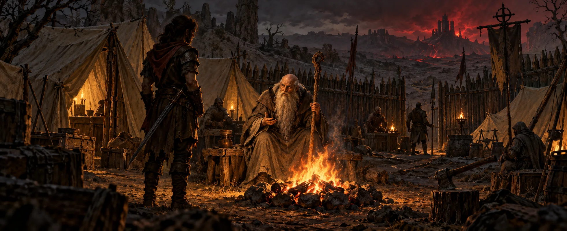 An old white-bearded sage in robes sits by a campfire among canvas tents and a wooden palisade while an adventurer listens.
