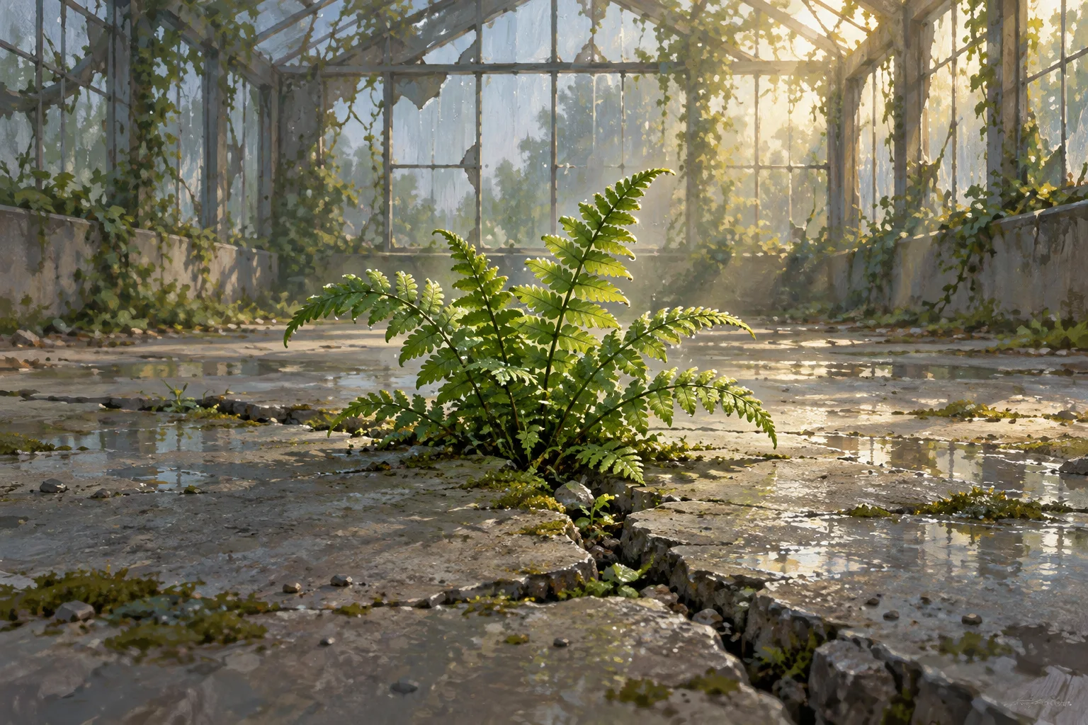 A green fern grows through a crack in the wet concrete floor of an abandoned glass greenhouse.