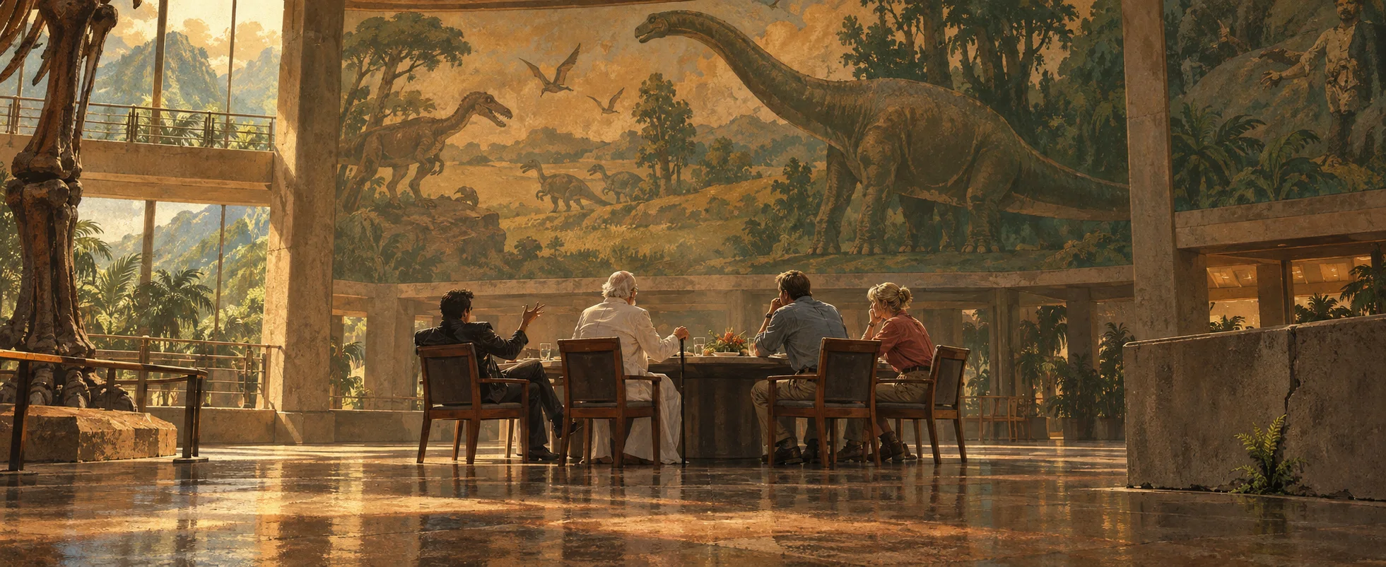 A small group lunches at a round table in a vast visitor centre beneath a painted mural of dinosaurs.