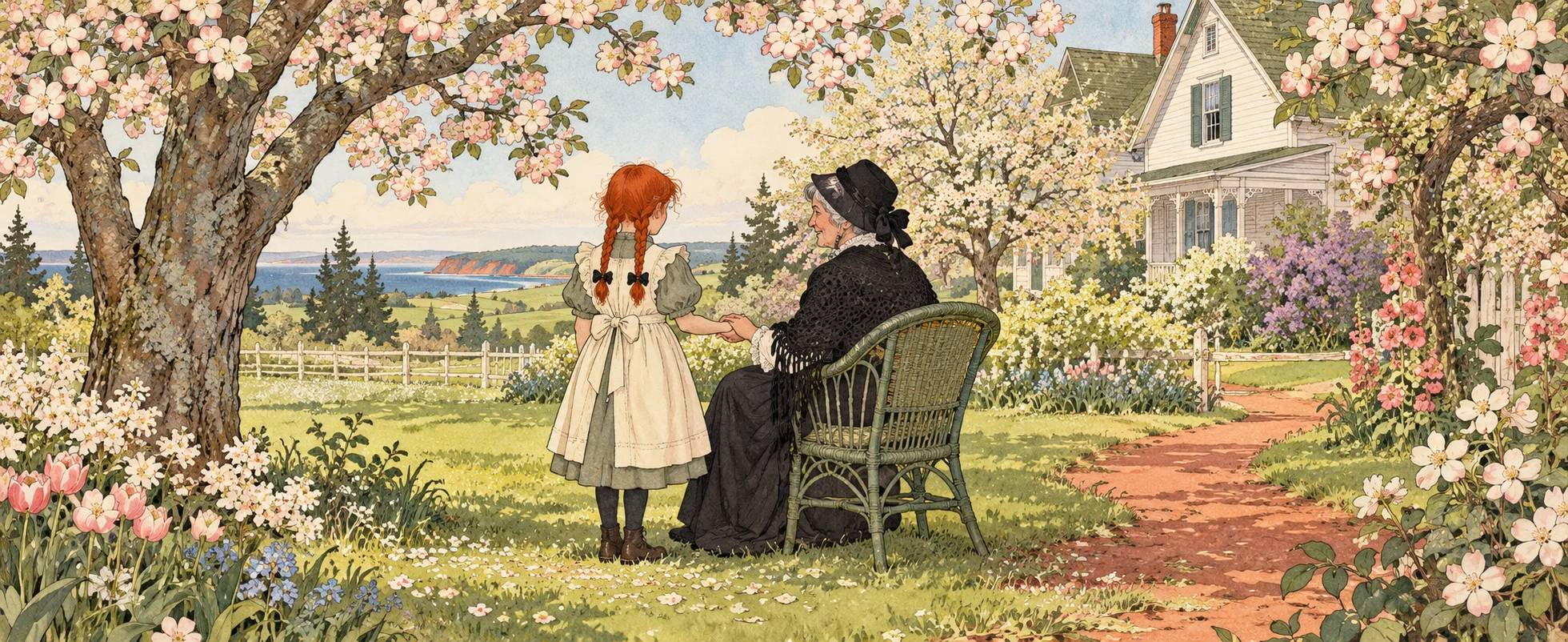Picture-book scene: a red-haired girl in a pinafore talks with an old woman in a wicker chair under apple blossom.