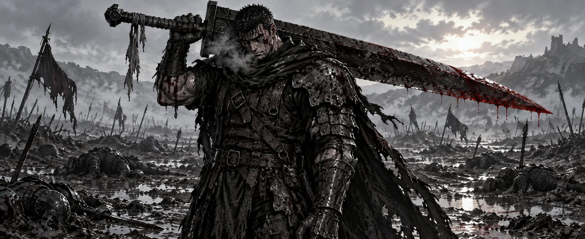 A scarred swordsman in black armour rests a huge black sword on his shoulder on a muddy battlefield strewn with fallen soldiers.