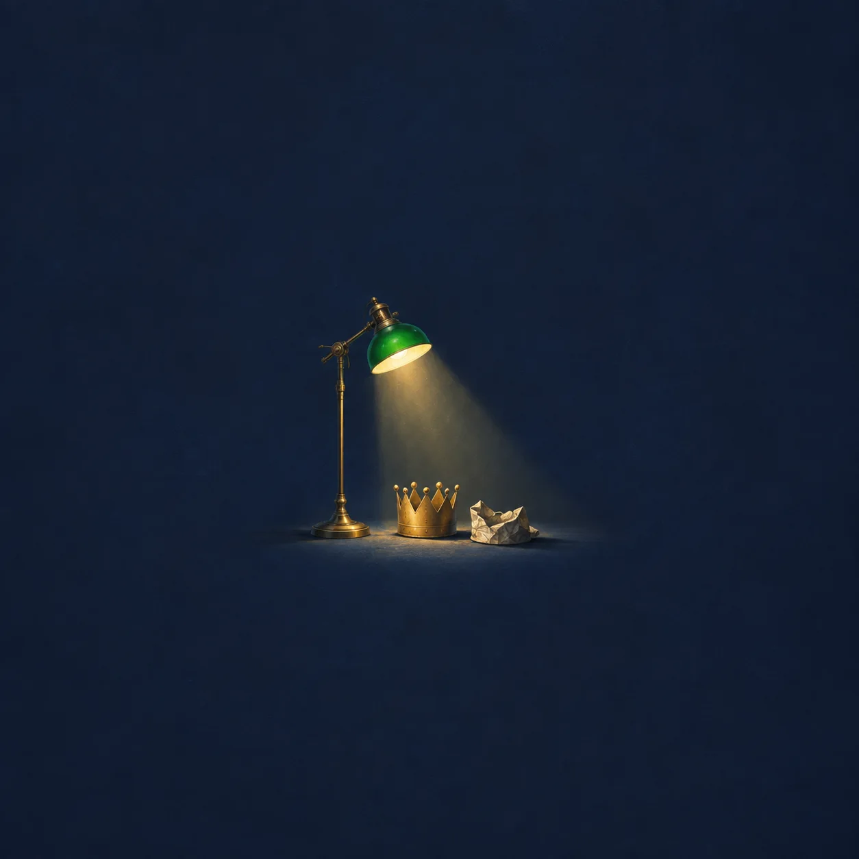 A brass lamp with a green shade lighting a gilded paper crown and a crumpled one on a navy background.