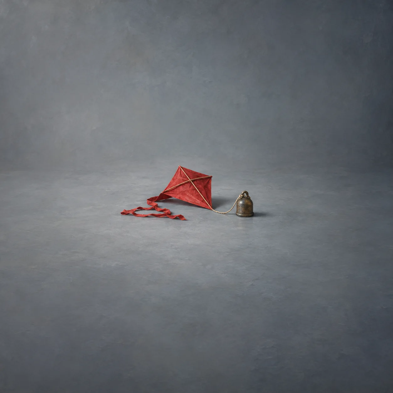 A red kite lies slack on a grey floor with its string tied to a heavy brass weight.