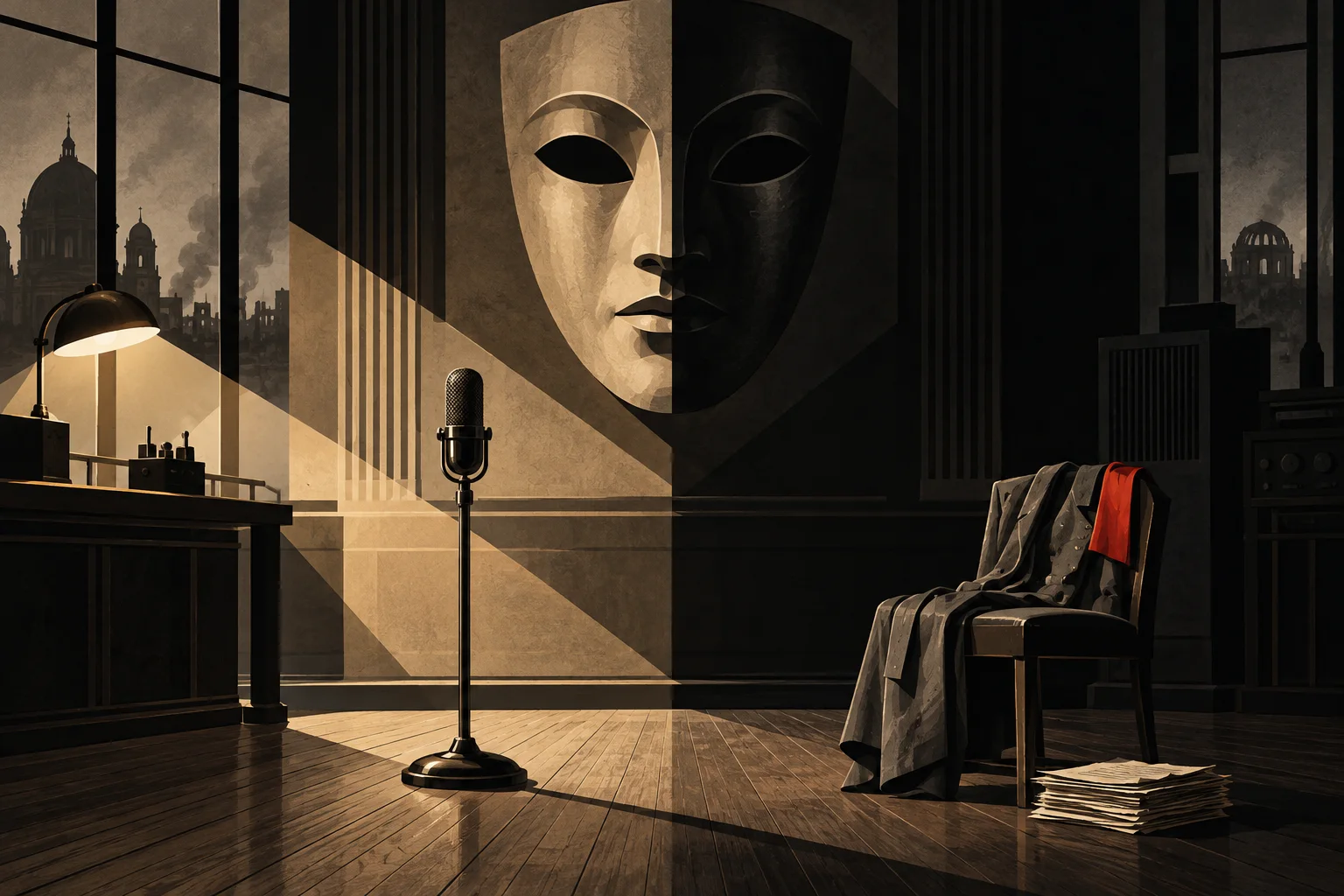 A lone microphone stands in an empty wartime radio studio beneath a giant mask split into light and dark halves.