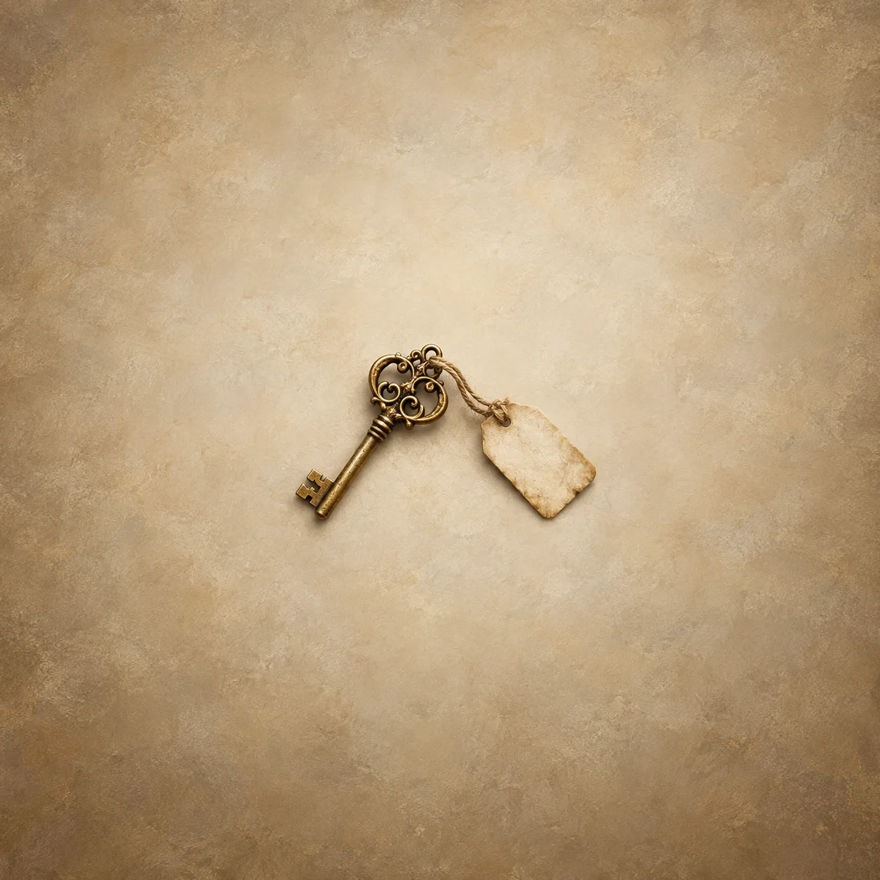 Painterly ornate brass key tied to a blank weathered paper tag on cream.