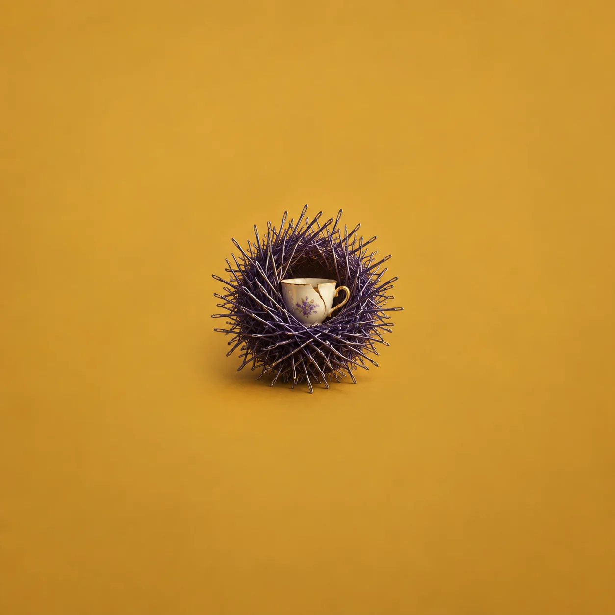 A floral teacup nestles inside a ball of purple needle-like spines against mustard yellow.