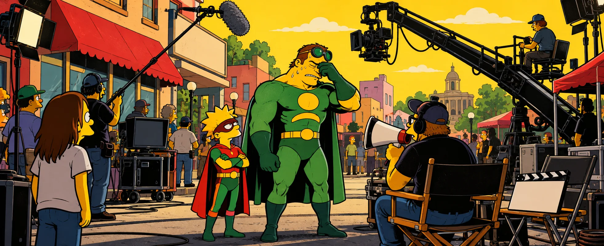 On a sunny film set, a hulking actor in a green superhero suit rubs his eyes under oversized goggles beside a boy sidekick in costume, with a camera crane and crew around them.