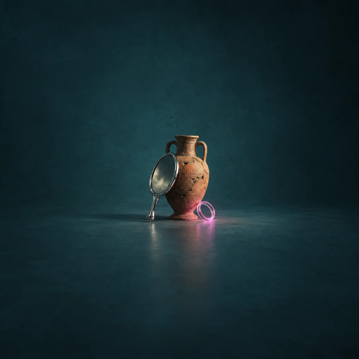 A silver hand mirror leans against a cracked terracotta jug beside a pink glass ring.