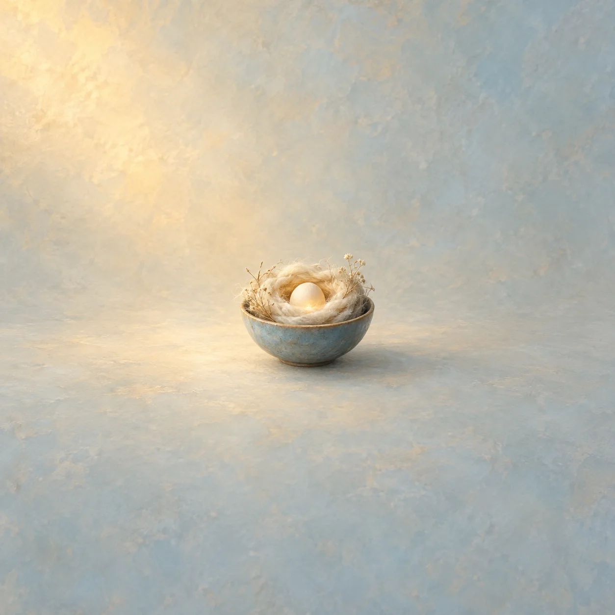 A glowing pale egg rests in a nest of soft fibres inside a blue-grey ceramic bowl.