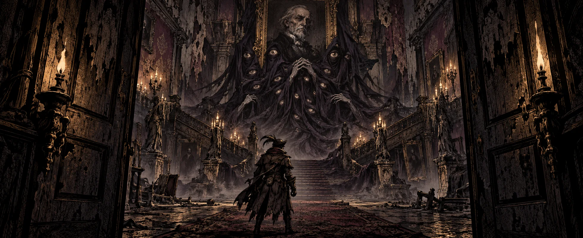 A lone figure stands in the hall of a decaying manor before a vast painted portrait of a robed ancestor.