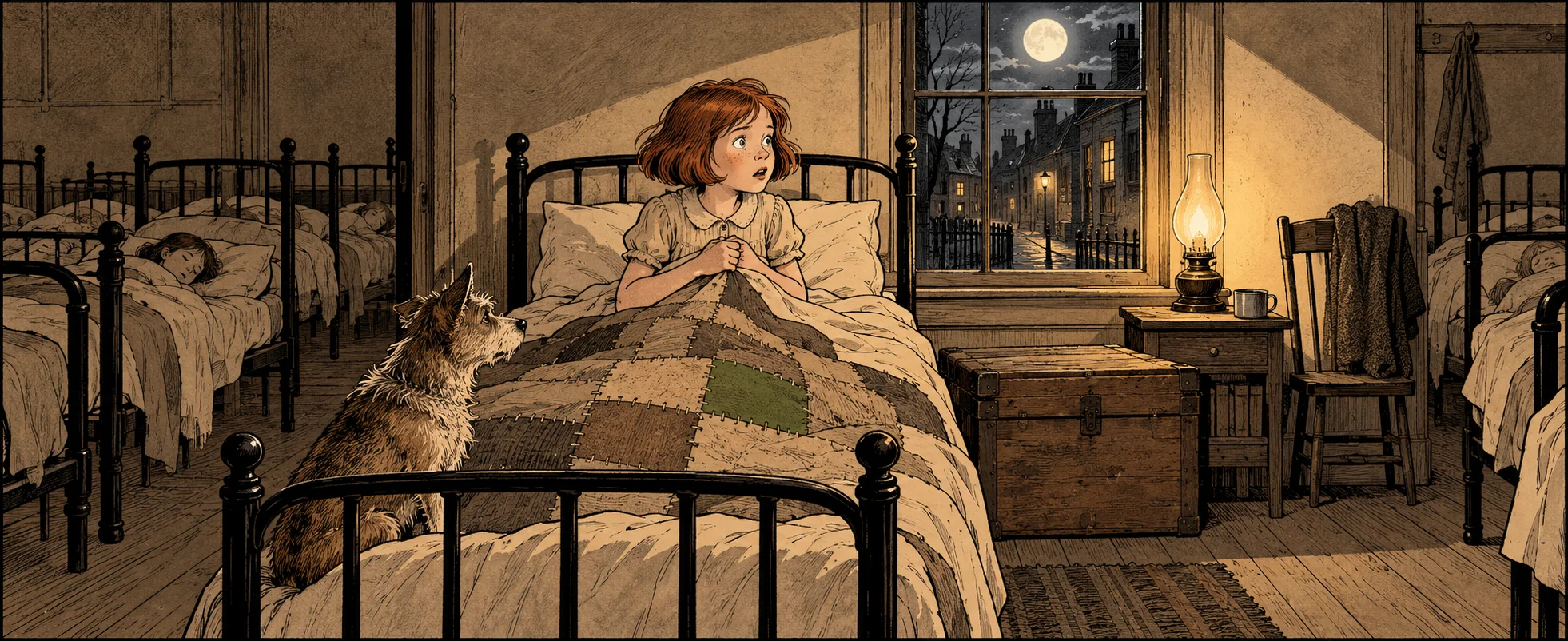 A red-haired girl sits up in an orphanage bed at night, a scruffy dog at her feet.