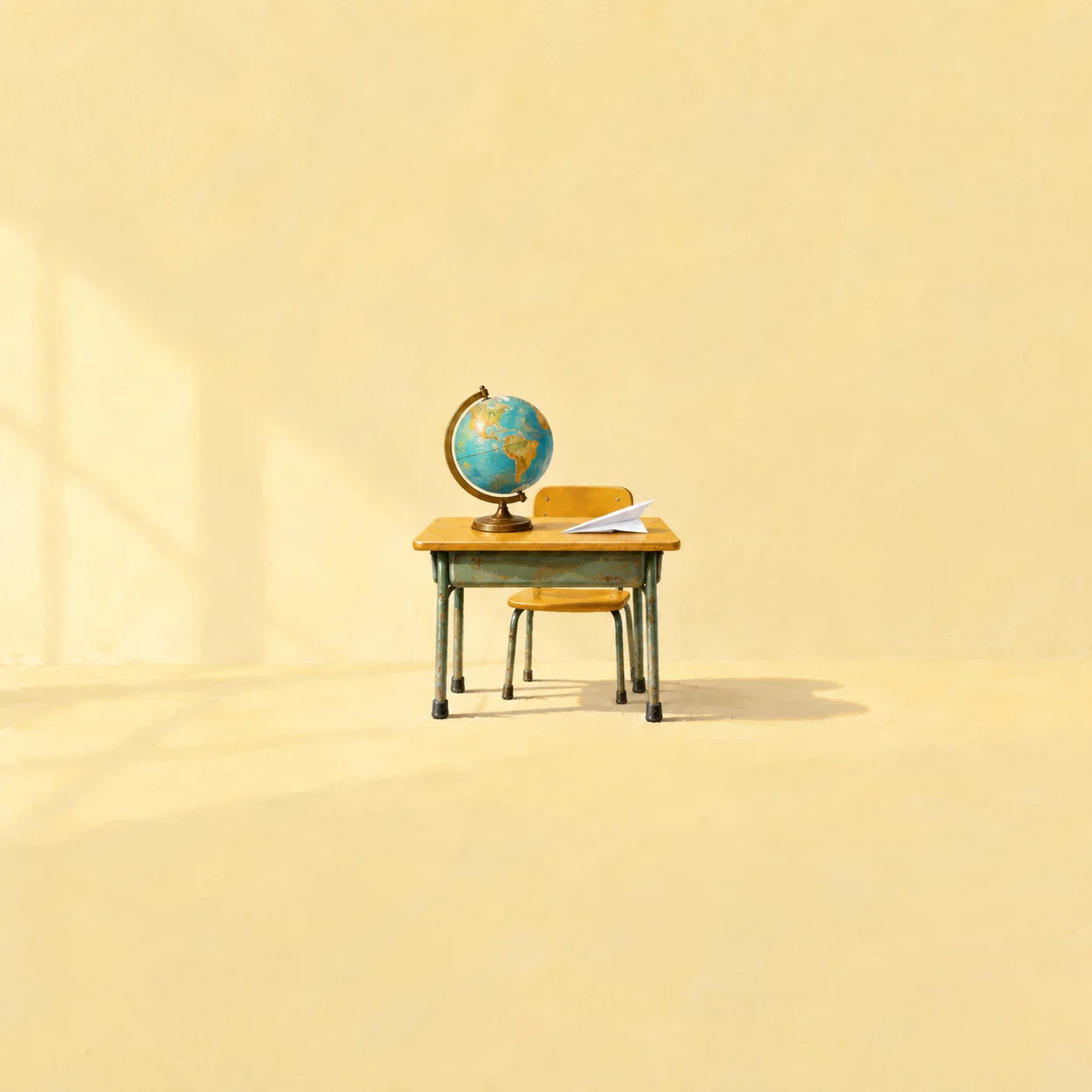 A turquoise globe and paper airplane on a small mustard-yellow school desk.