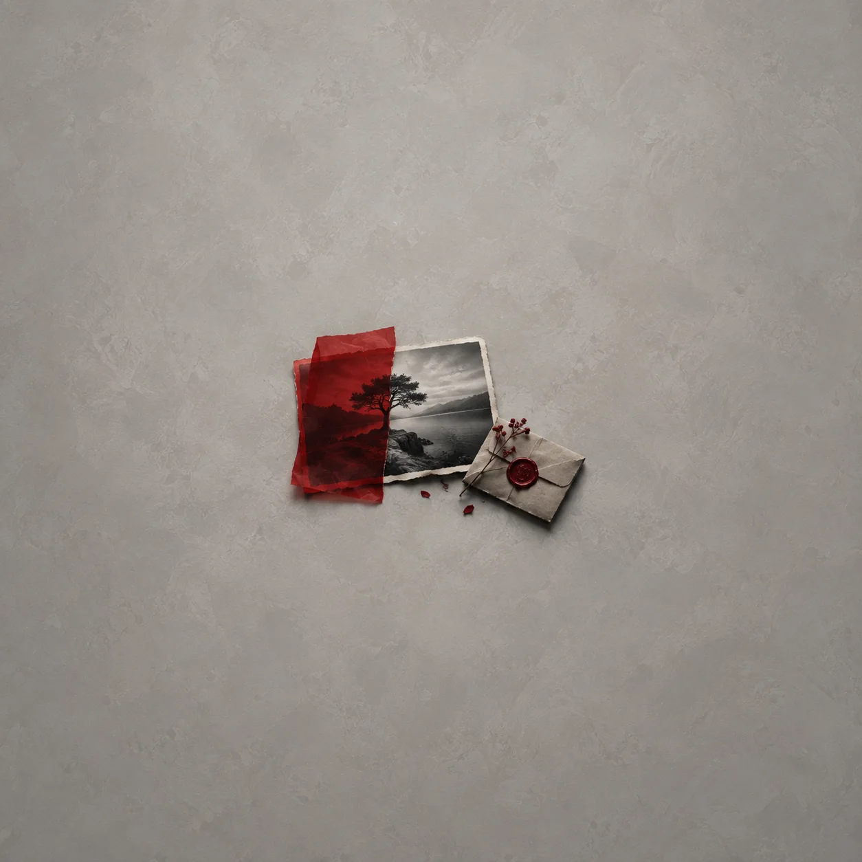 A landscape photograph is partly covered by a translucent red swatch beside an envelope with a red wax seal.