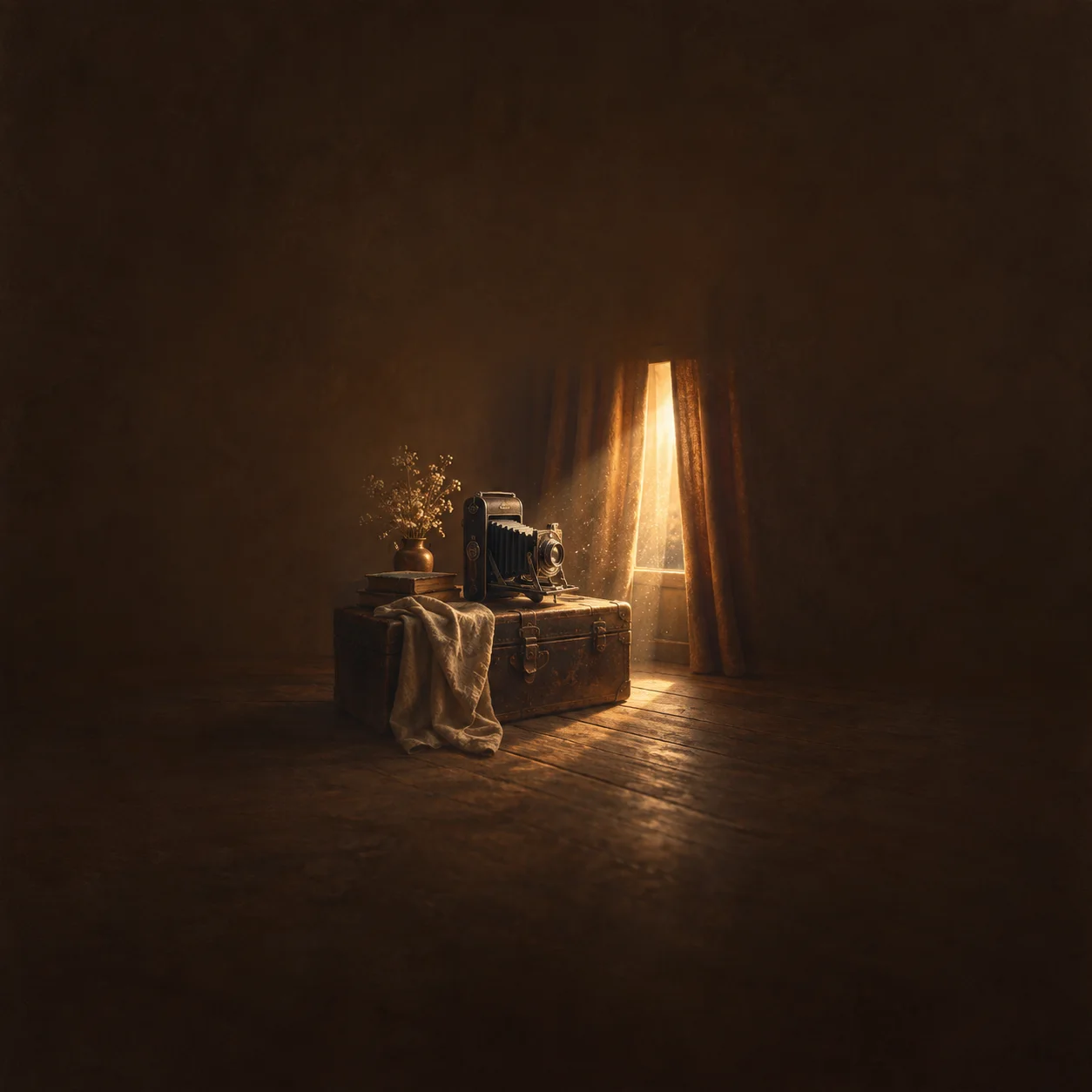 Painterly antique camera on a wooden trunk beside curtains glowing with golden window light.