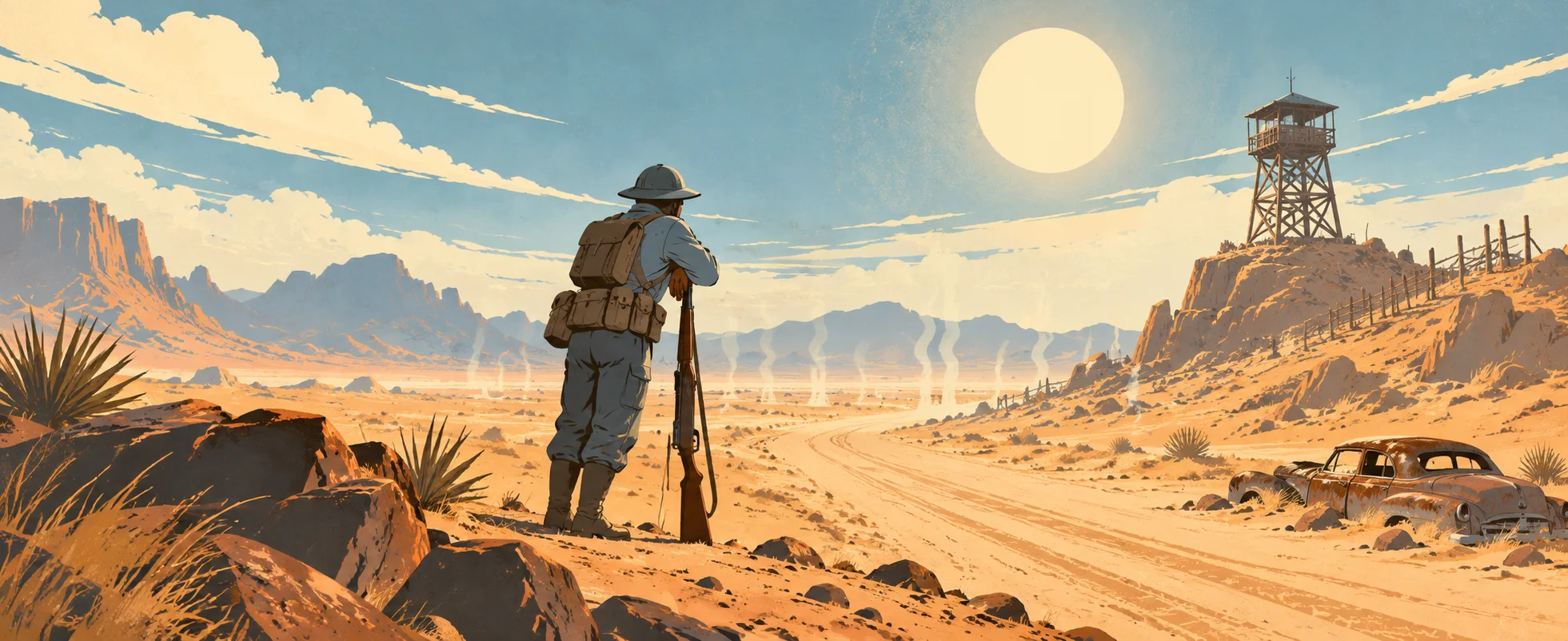 A soldier in a campaign hat leans on his rifle on a dusty desert road under a blazing sun, a watchtower on the ridge.