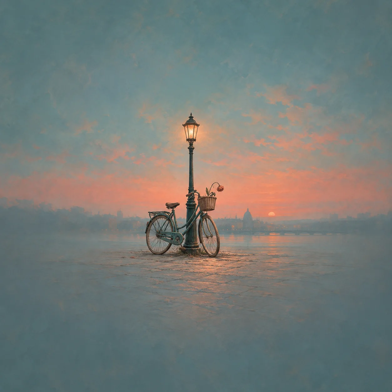 A vintage bicycle with a wilted flower in its basket leans against a lit lamppost at sunset.