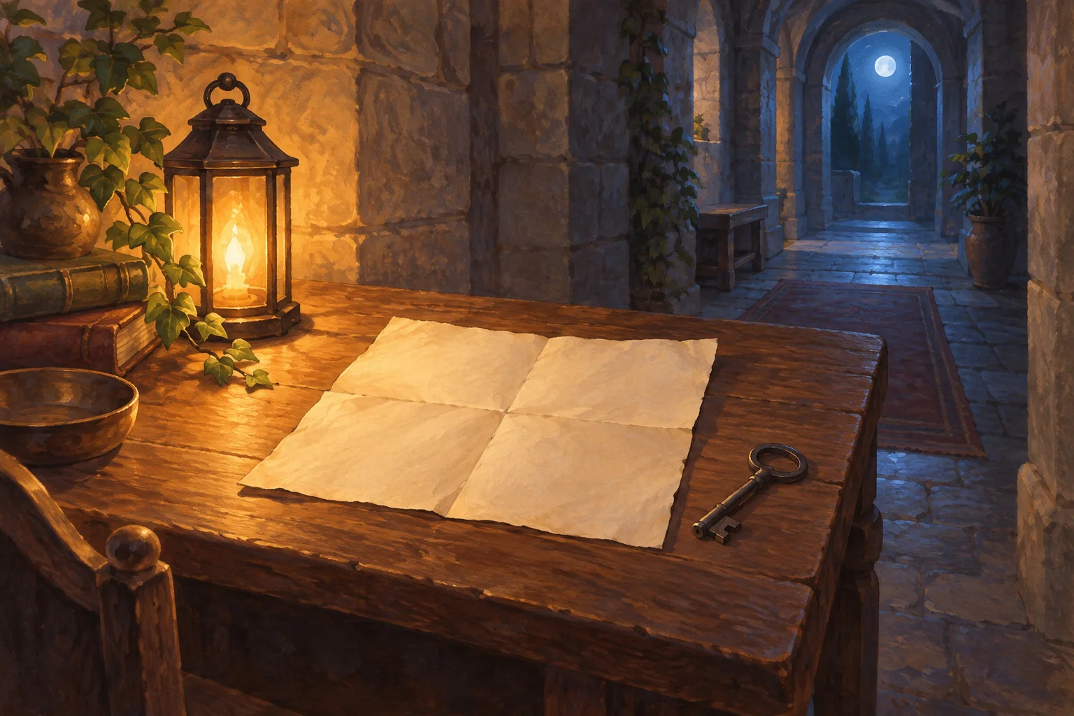Fully unfolded blank parchment and a plain iron key lie on a lamplit table beside a stone corridor.