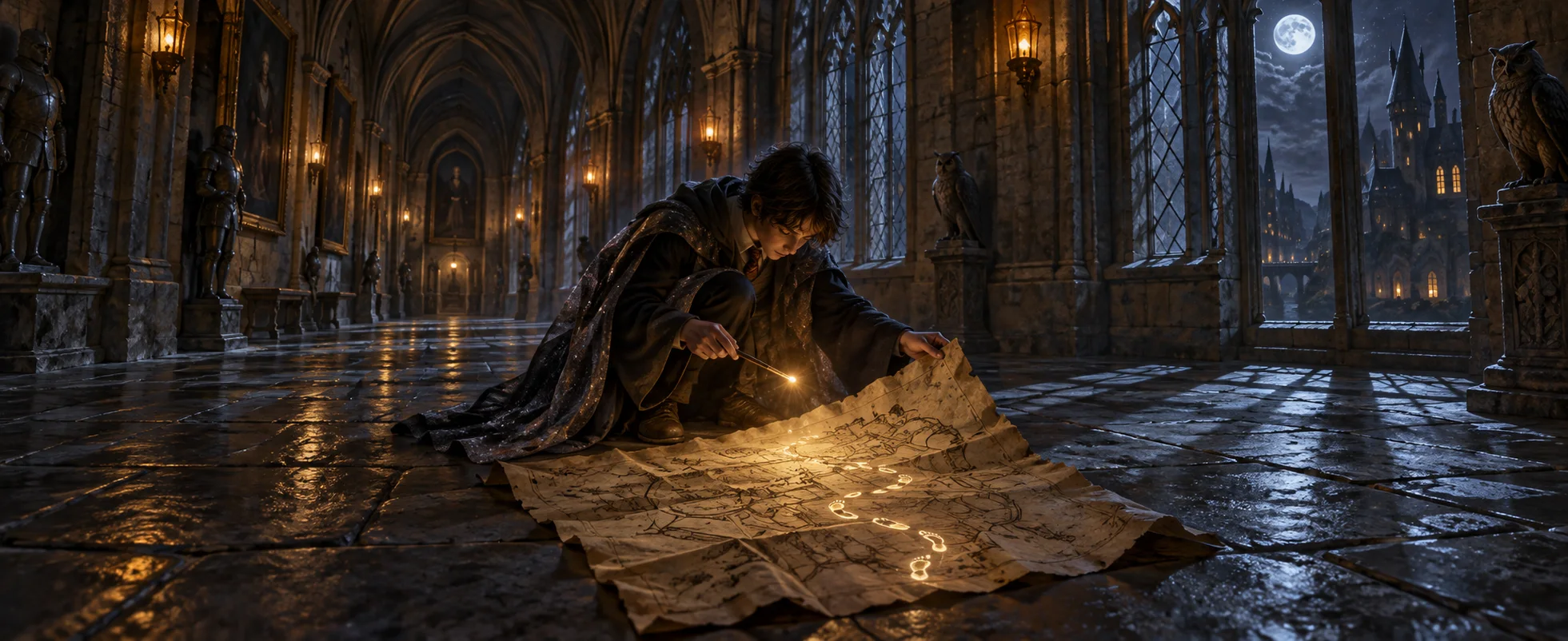 A boy crouches over an old parchment map whose ink glows to life on the flagstones of a dark castle corridor.