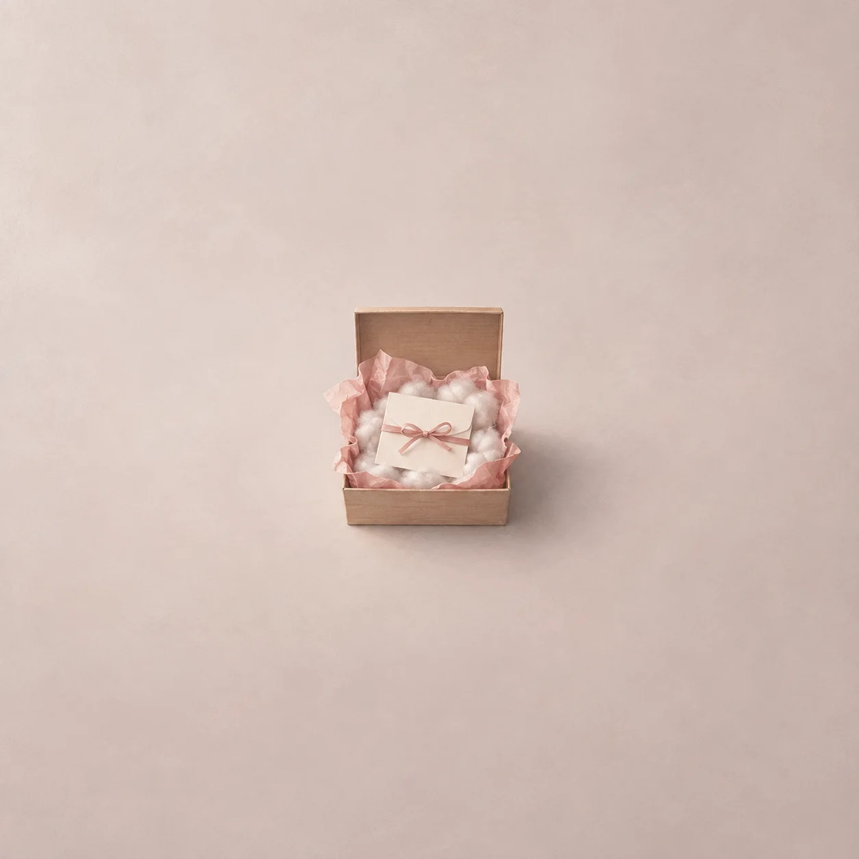 An open cardboard box lined with pink tissue and white padding holds a blank folded note tied with a ribbon.