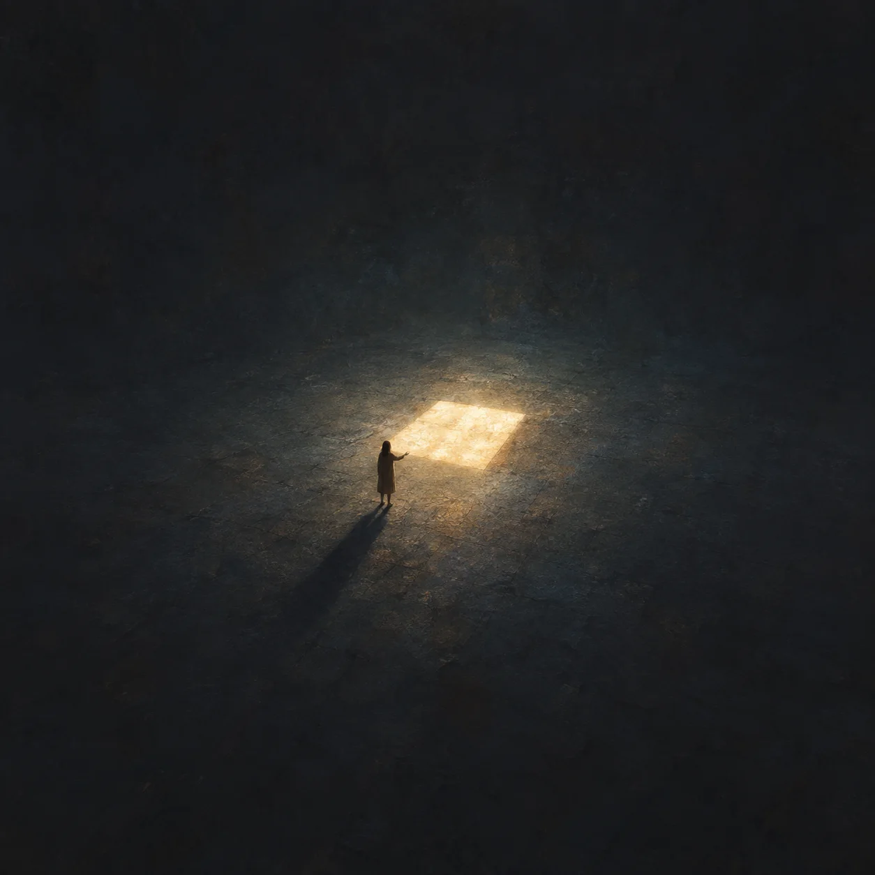 A tiny dark figure reaches toward a bright rectangle on a dark floor, casting a long shadow.