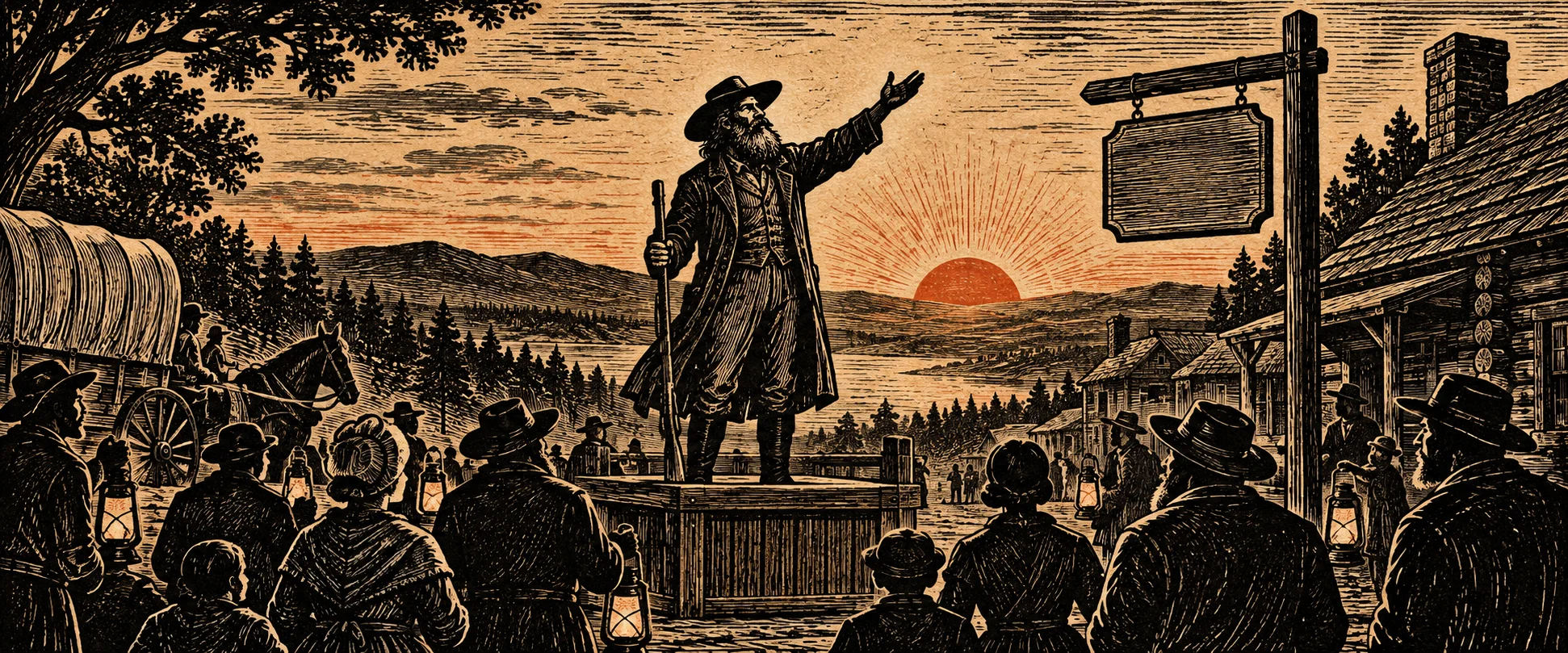 A bearded pioneer in a coonskin cap addresses settlers from a wooden platform in a frontier town at sunrise, in a woodcut style.