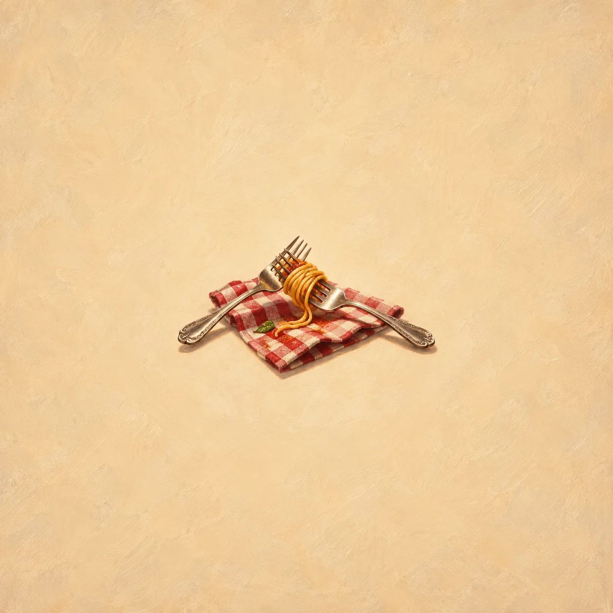 Painterly two forks with tangled pasta on a red-and-white checked cloth.