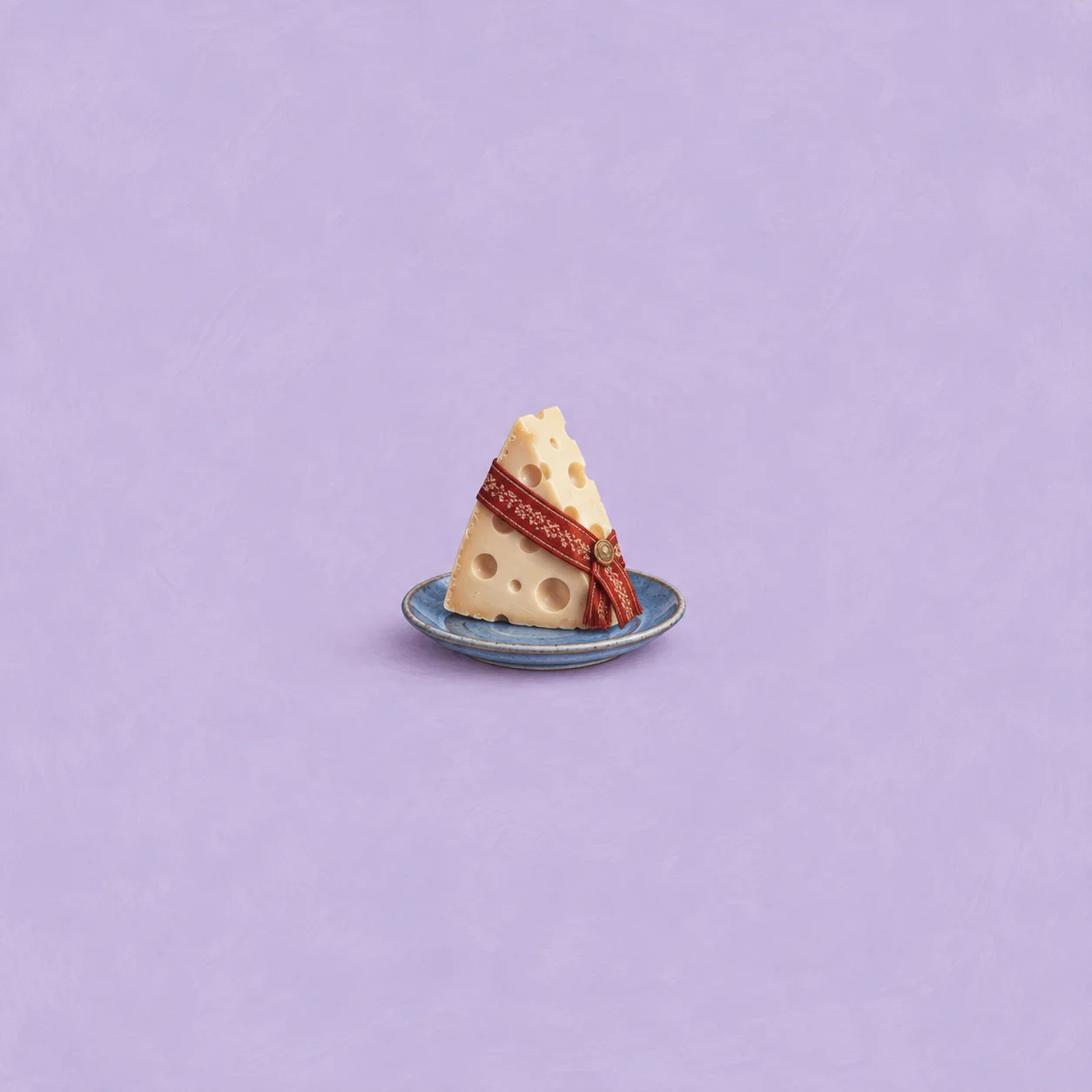 A wedge of holey yellow cheese wears a patterned red sash on a blue plate against lavender.