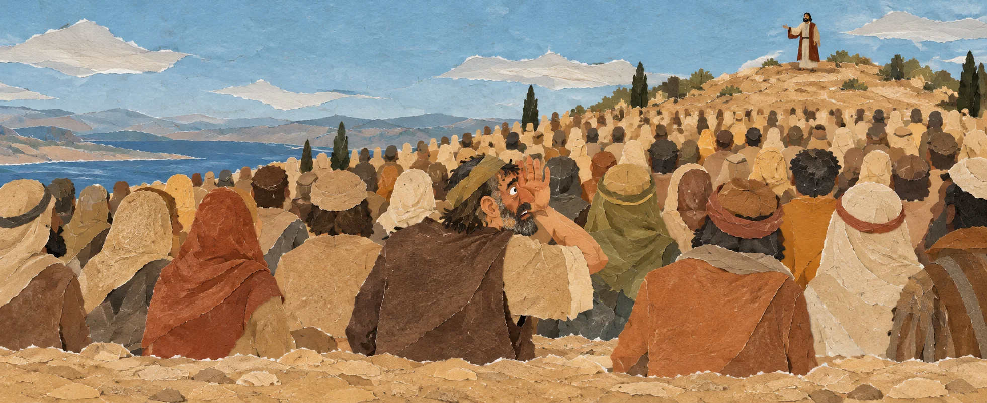 A huge crowd sits on a dusty hillside listening to a distant preacher, a man in the back row cupping a hand to his ear.