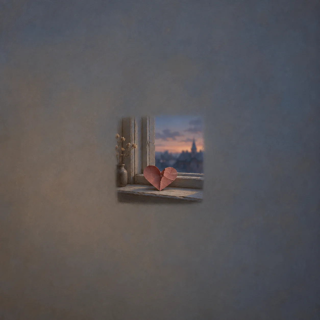 A folded, slightly torn pink paper heart rests on a windowsill against a dusky sky.