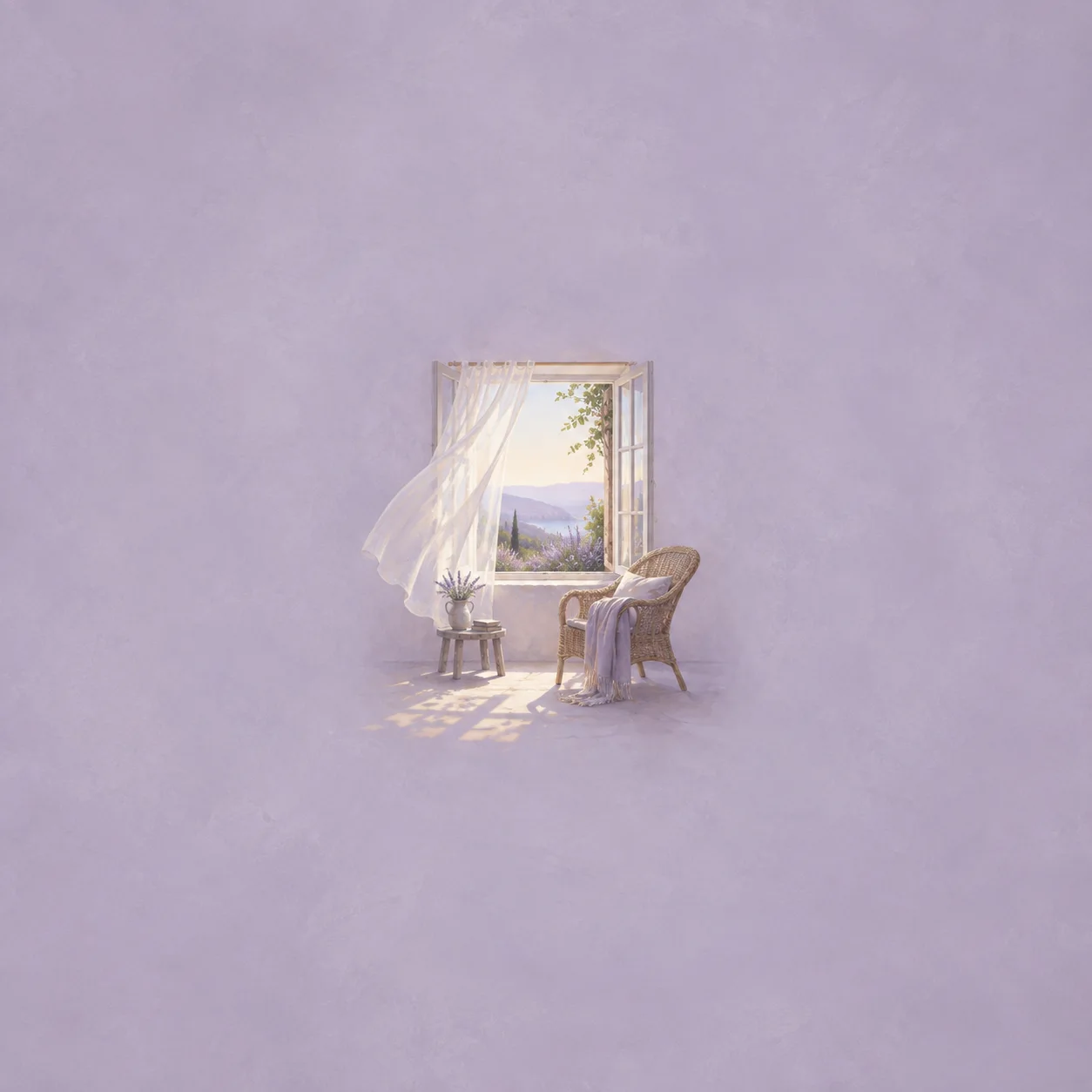A sheer curtain billows beside an open window and an empty wicker chair in a pale lavender room.