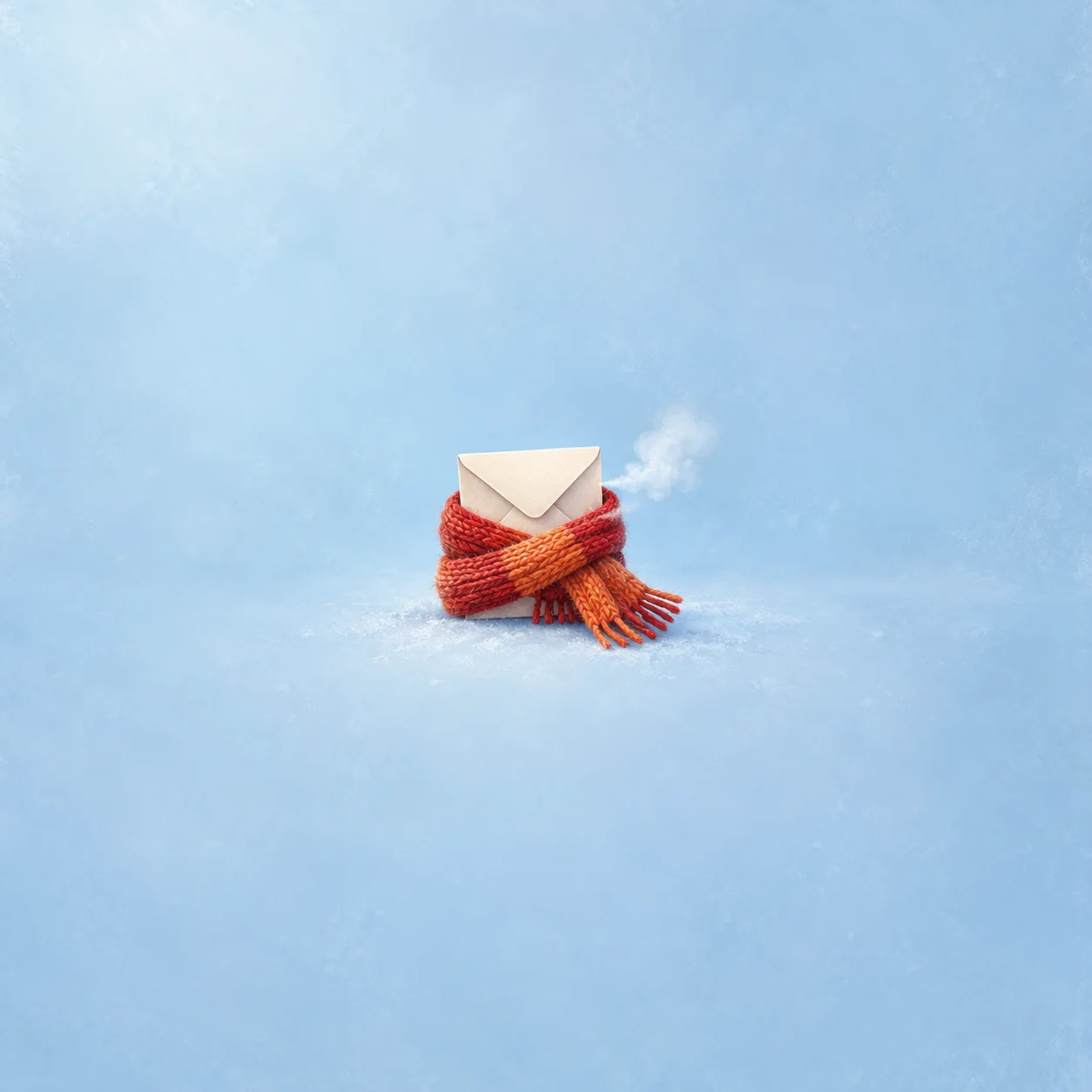 A small folded paper envelope wrapped in an orange and red knitted scarf against a pale icy blue background.
