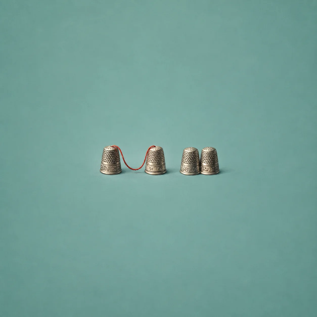 Two silver thimbles are joined by red thread, while another pair sit close together beside them on a teal surface.