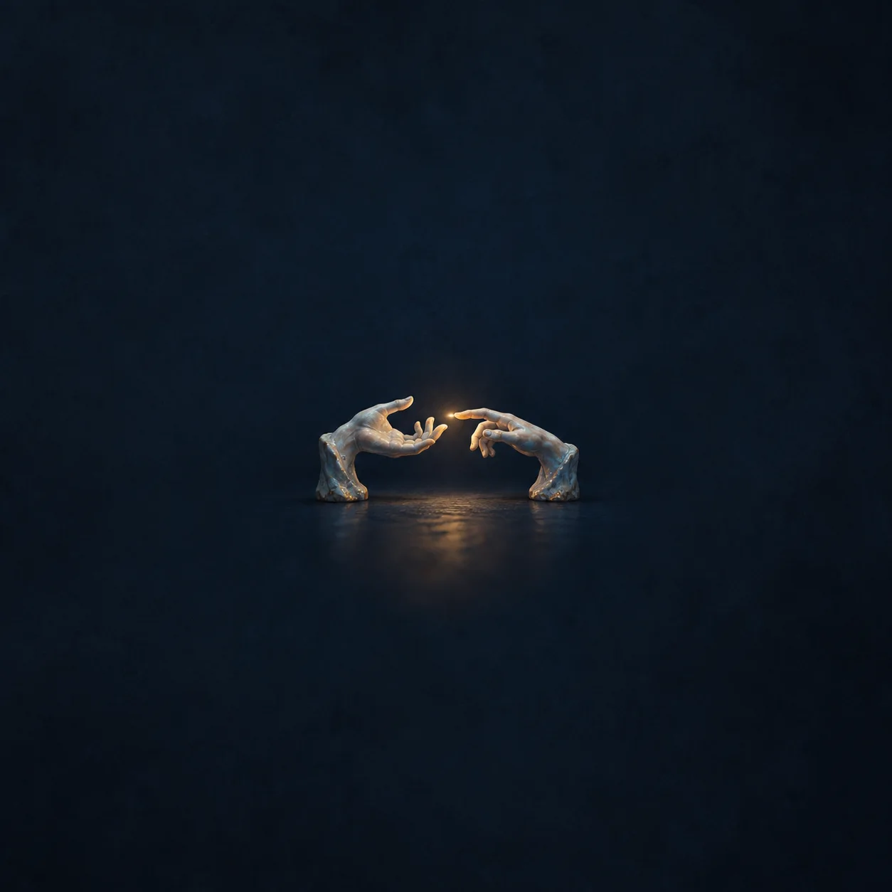 Two sculpted hands reach toward each other with a small warm glow between their fingertips against a dark blue background.