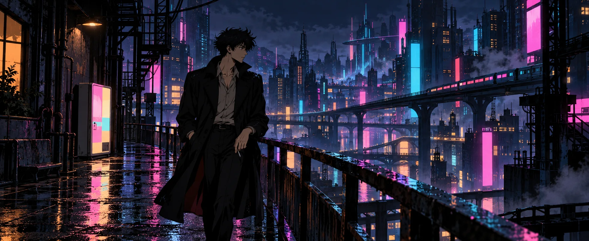 A man in a long coat walks a rain-slicked walkway through a neon city at night.