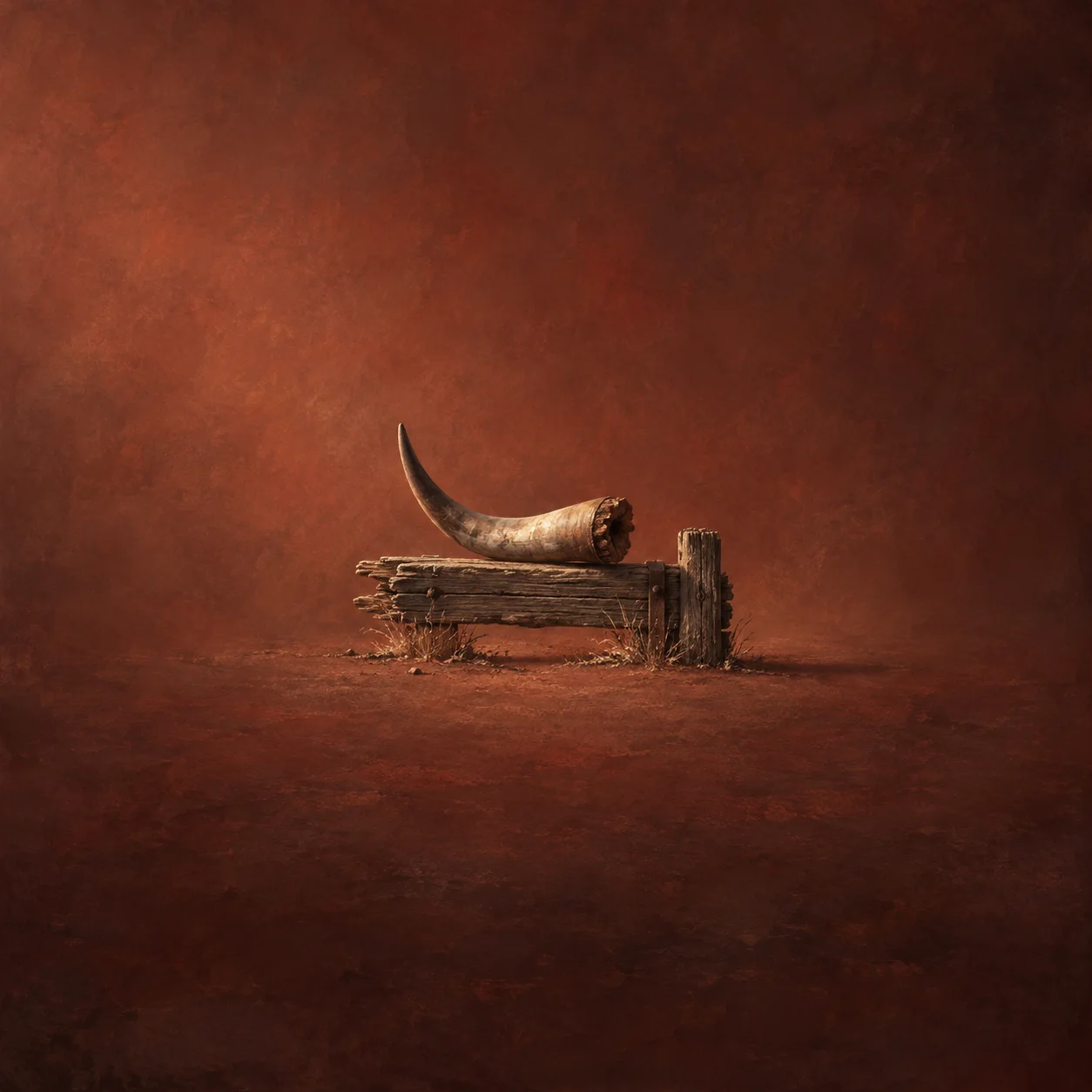 A curved animal horn rests on a rough, splintered wooden rail.