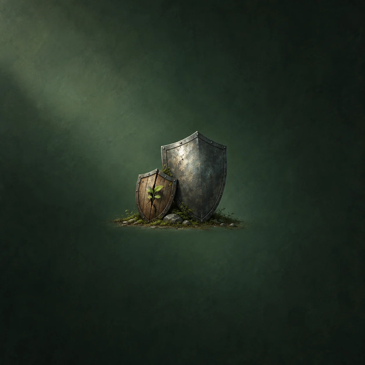 A small wooden shield with a green sprout growing through a crack beside a larger metal shield.