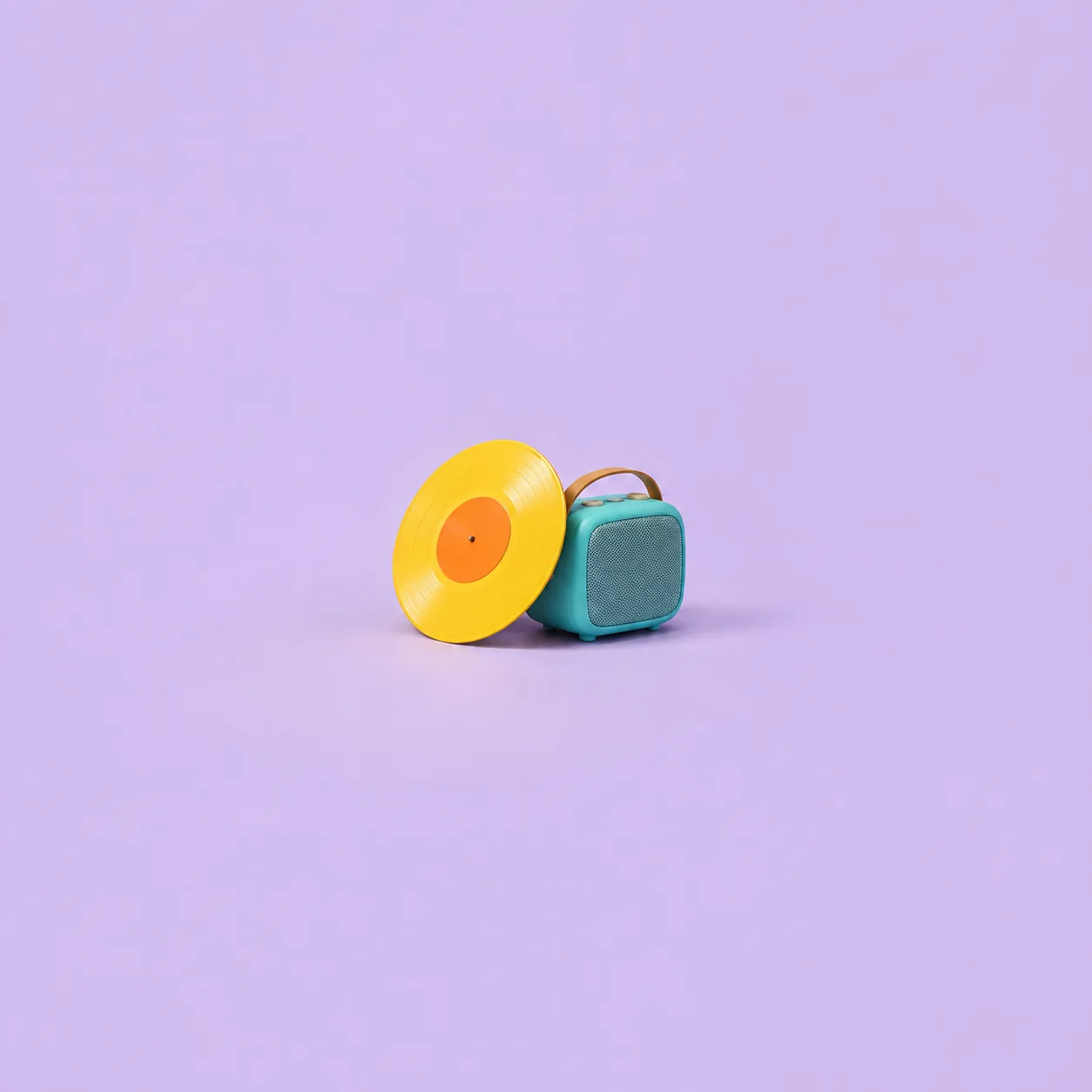A yellow record leaning against a small turquoise speaker on a lilac floor.