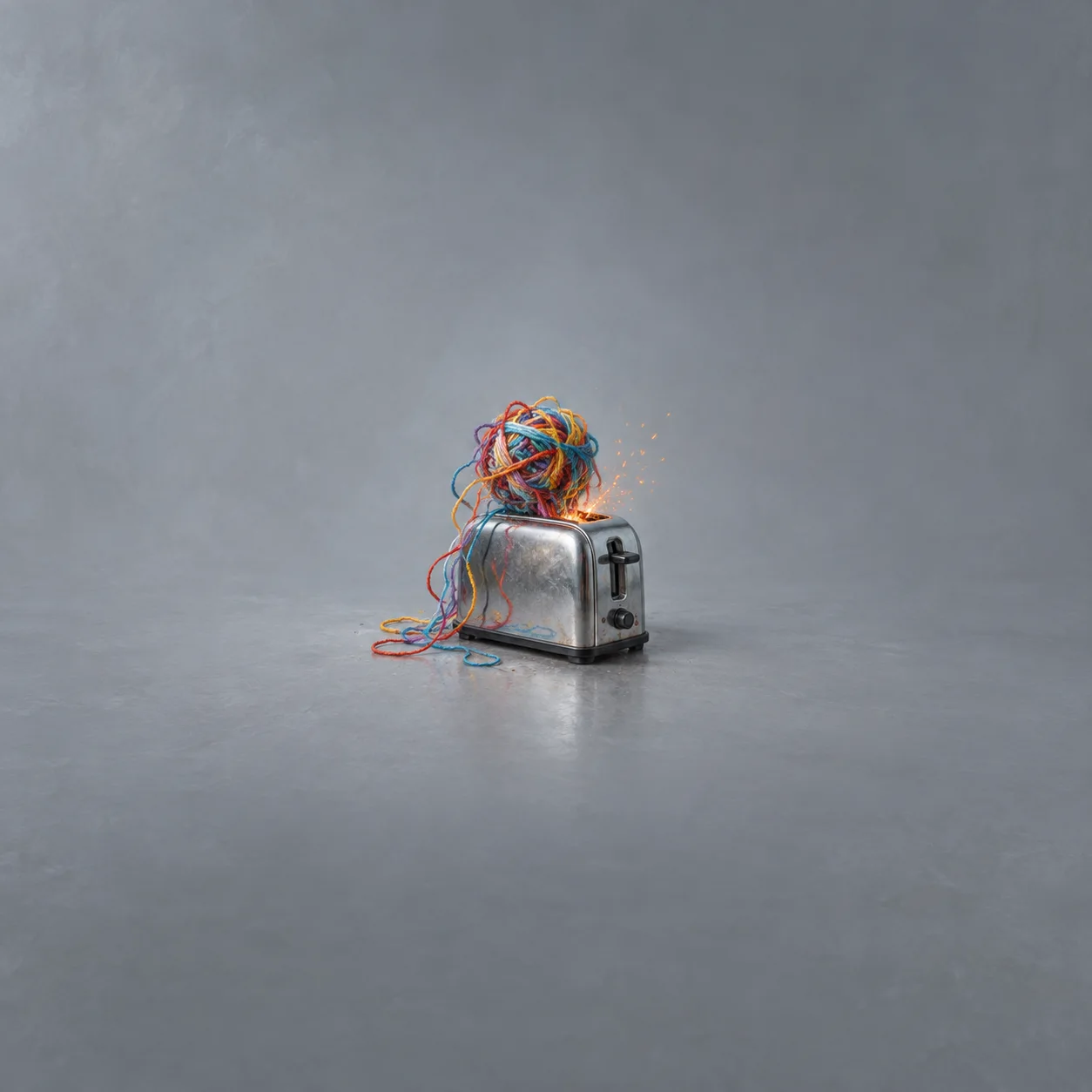 A tangled ball of colourful yarn resting on a small chrome toaster, with loose strands and tiny sparks against grey.