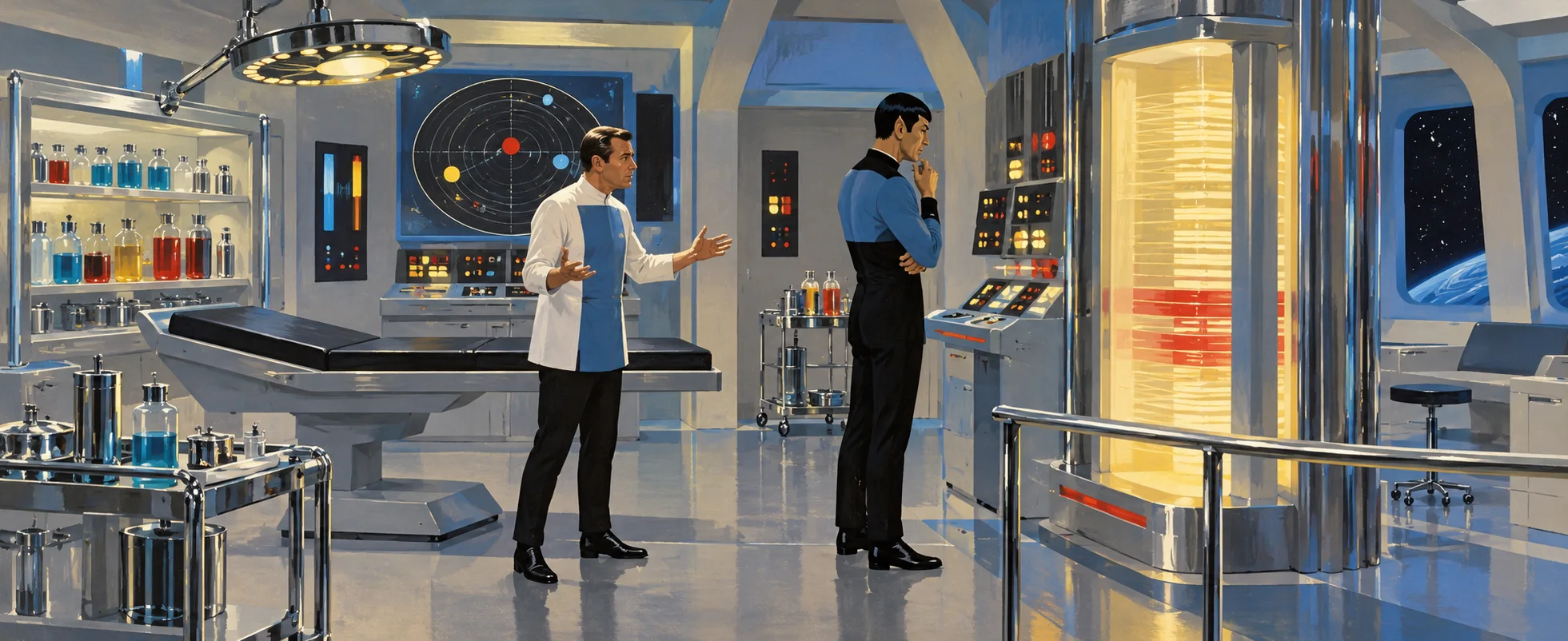 A doctor in white and a science officer in blue talk in a gleaming 1960s starship sickbay.