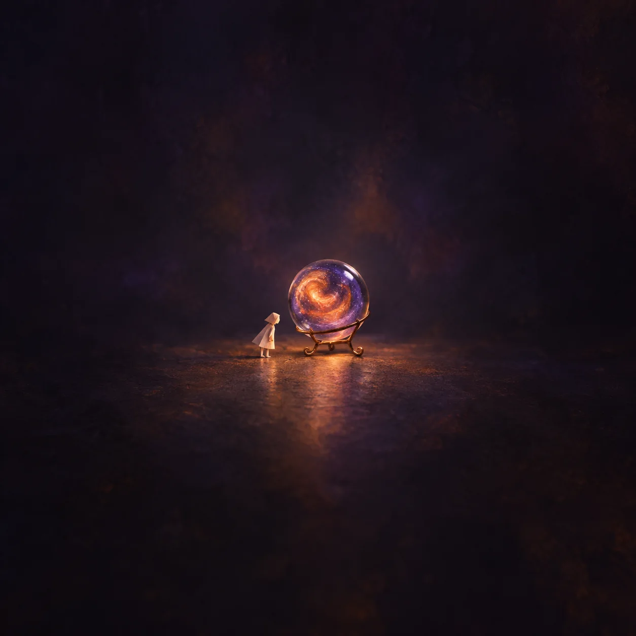 A glowing orange and violet glass orb rests in a metal stand beside a tiny pale figure.