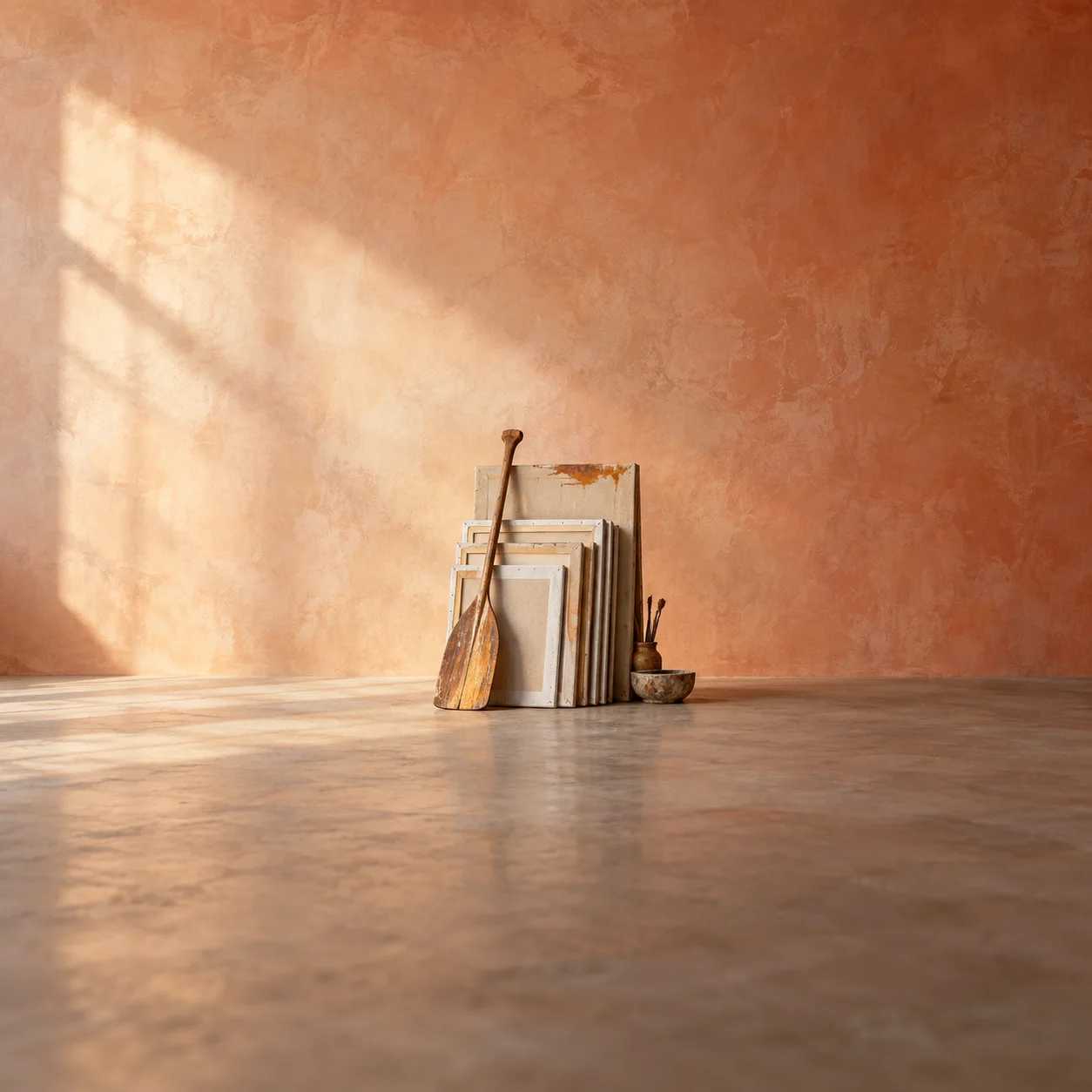 Painterly wooden paddle leaning against stacked blank canvases beside a small pot of brushes.