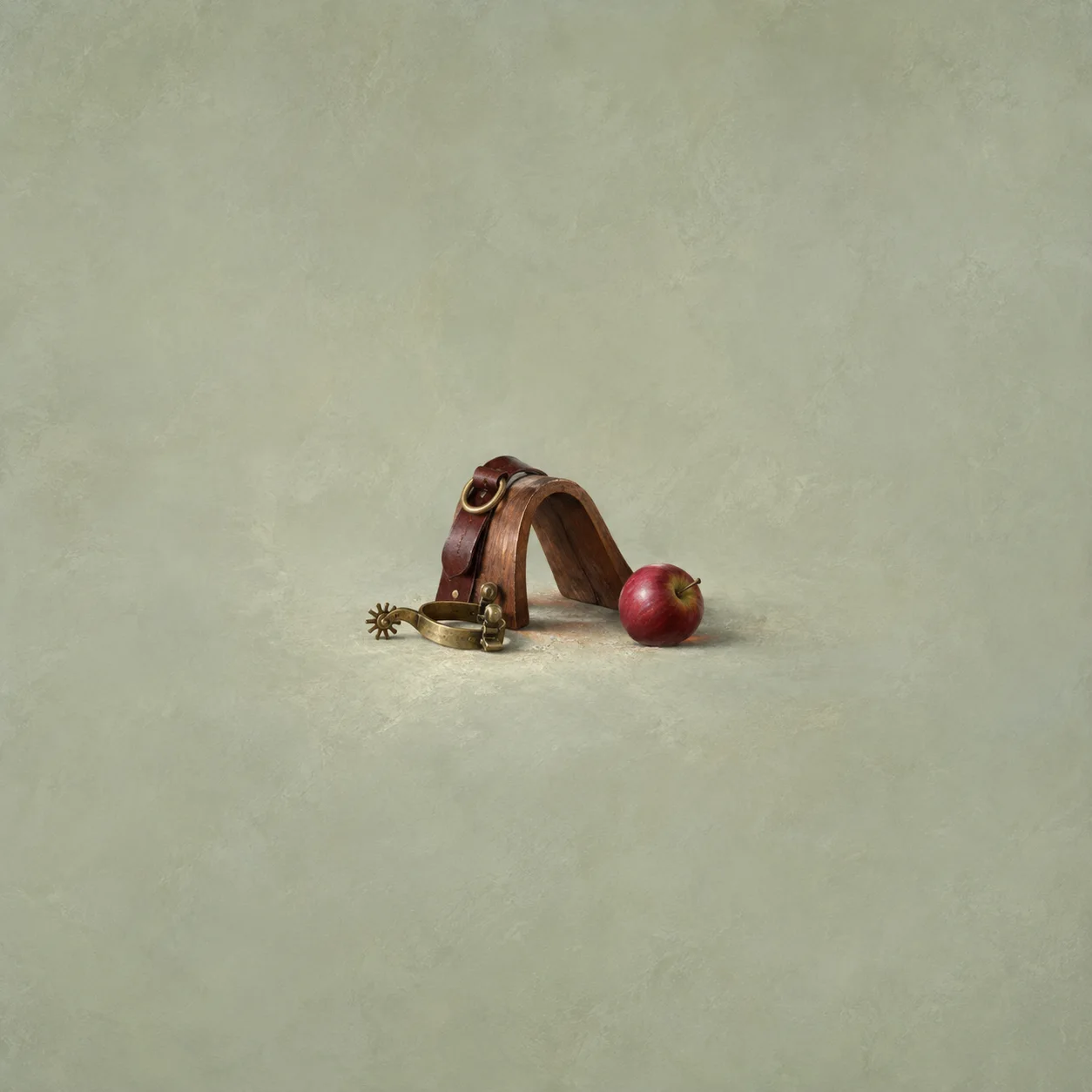 A brass spur beside a curved brown saddle piece and a red apple against a pale green background.
