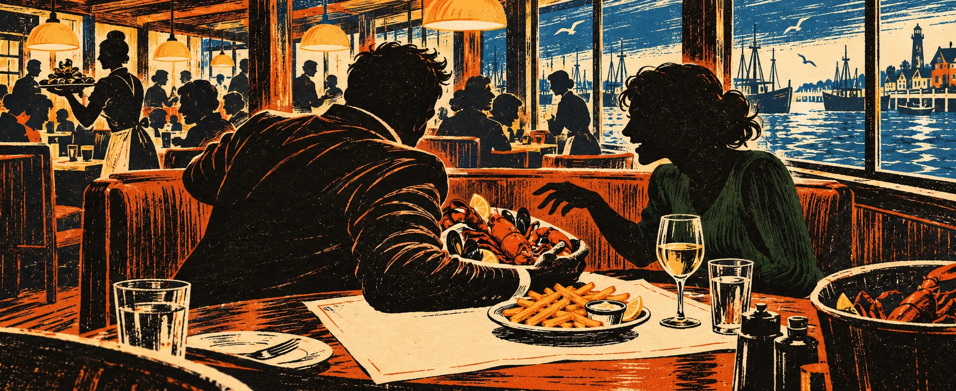 Woodcut-style illustration of a seafood restaurant booth by a harbour window: a broad-shouldered man guards a plate of fries as the woman across the table reaches toward it.